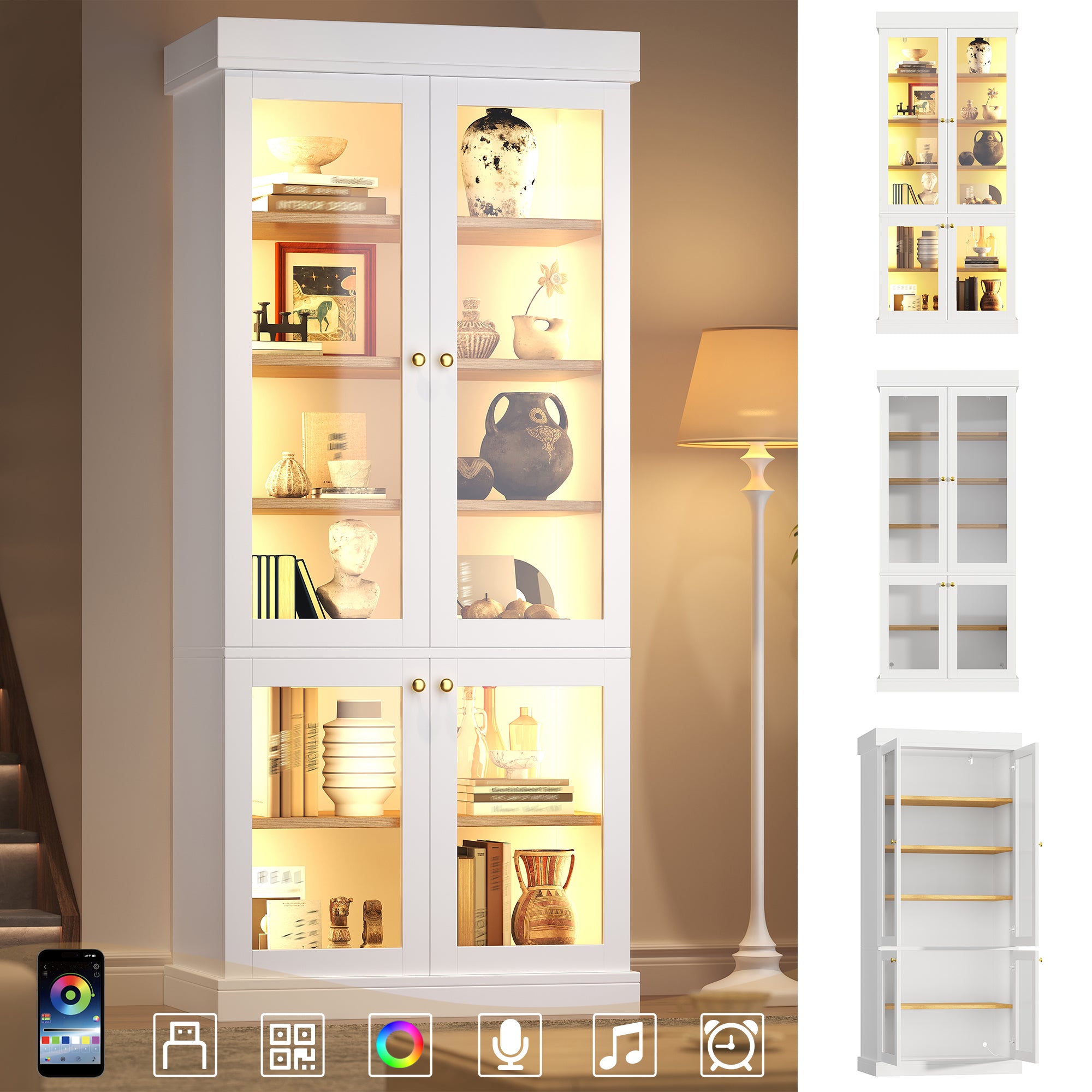 Modern freestanding cabinet with integrated LED mood lighting, glass display case, well-designed interior layout and anti-tip protection; stable, safe and versatile for the home; white.