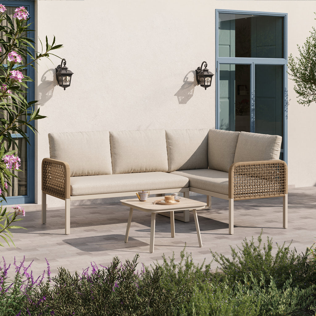 Garden Set with Wood-look Tempered Glass Table, Convertible 4 Seater Polyester Rope Conversation Set with Sofa and Armchairs, Weatherproof Outdoor Patio Corner Sofa for Balcony and Terrace,Beige