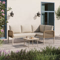 Garden Set with Wood-look Tempered Glass Table, Convertible 4 Seater Polyester Rope Conversation Set with Sofa and Armchairs, Weatherproof Outdoor Patio Corner Sofa for Balcony and Terrace,Beige
