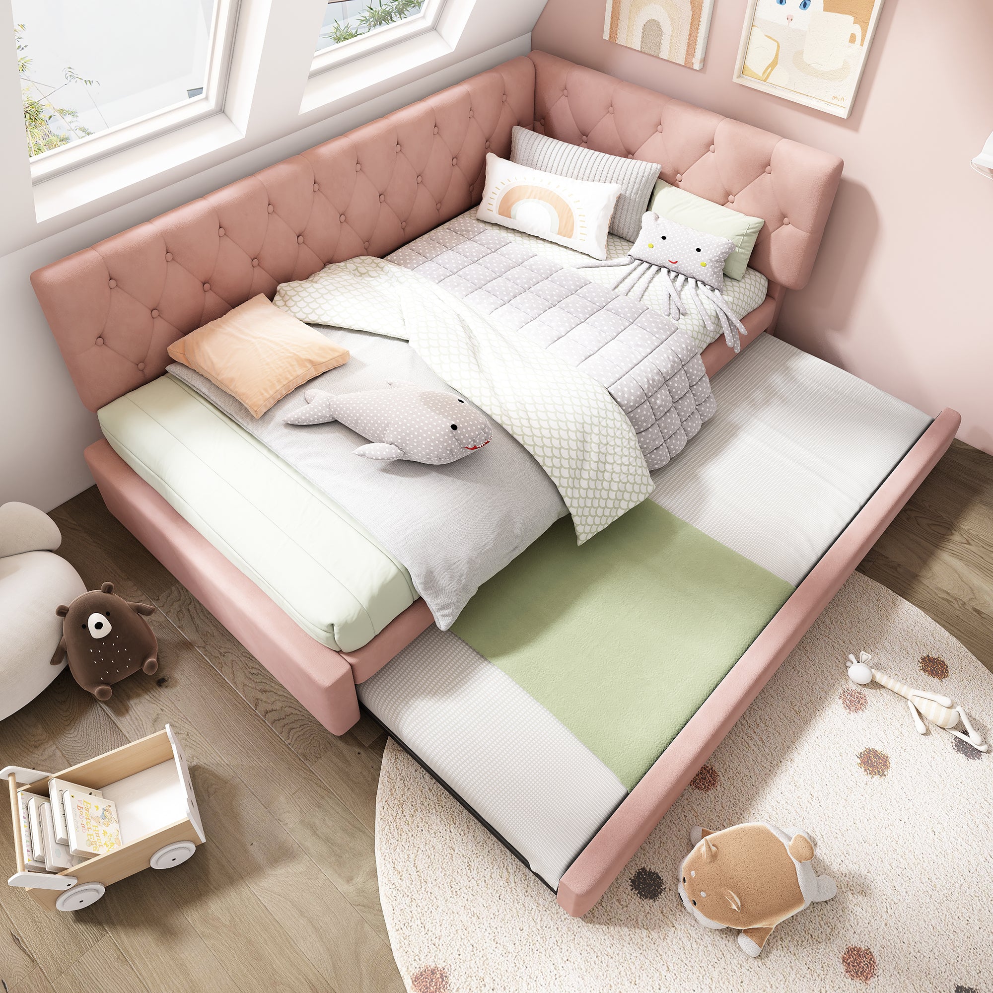 Upholstered Bed Daybed with Pull-Out Bed, 3FT Single Sofa Bed 90 x 190 cm, Ottoman Bed Trundle Beds for Adults and Kids, Bed with Slatted Frame, Velvet, Pink (No Mattress)