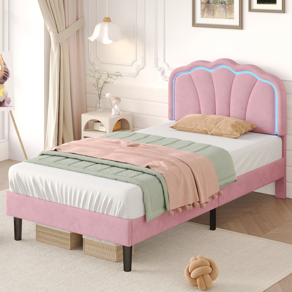 3ft Single Upholstered Bed with LED Adjustable Shell Shape Headboard, Soft Velvet Bed Frame with Solid Wood Slat, No Box Spring Needed, Easy Assembly, Pink (No Mattress)