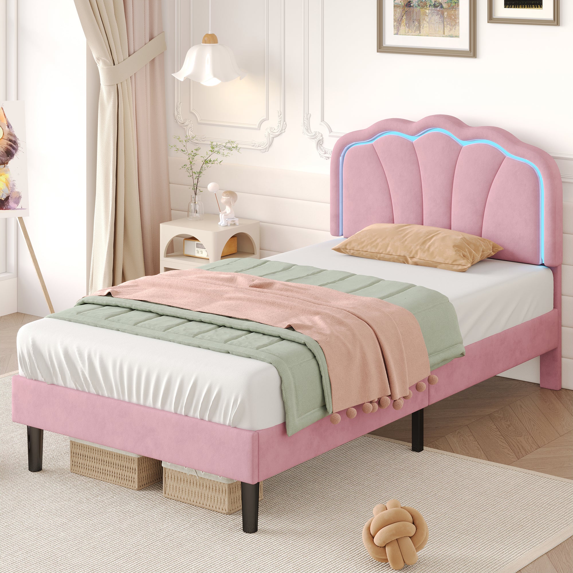 3ft Single Upholstered Bed with LED Adjustable Shell Shape Headboard, Soft Velvet Bed Frame with Solid Wood Slat, No Box Spring Needed, Easy Assembly, Pink (No Mattress)