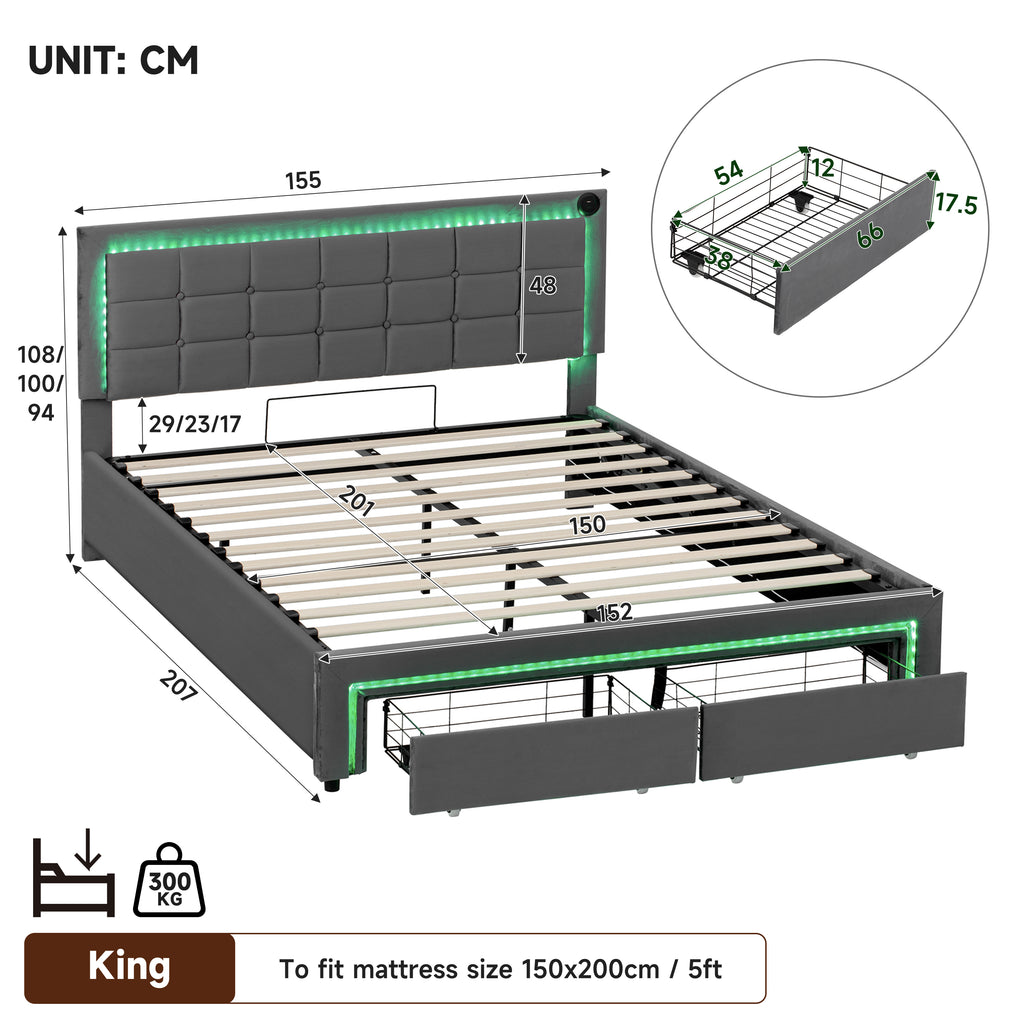 5ft King Upholstered Bed Frame with Hydraulic and Drawers Storage, LED Adjustable Button Tufted Headboard with Charging Station, Velvet Hydraulic Bed with RGB LED Lighting, Grey (No Mattress)