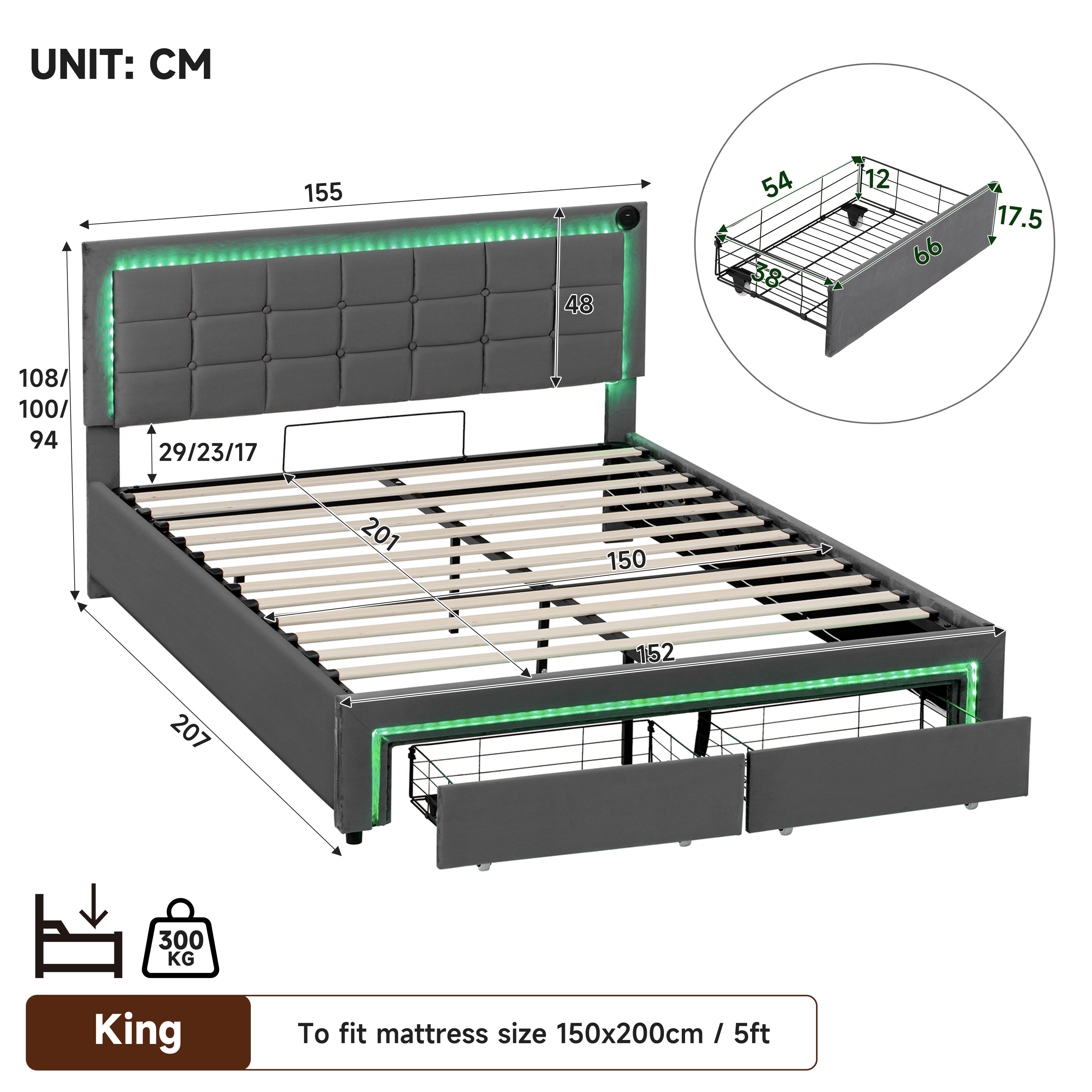 5ft King Upholstered Bed Frame with Hydraulic and Drawers Storage, LED Adjustable Button Tufted Headboard with Charging Station, Velvet Hydraulic Bed with RGB LED Lighting, Grey (No Mattress)