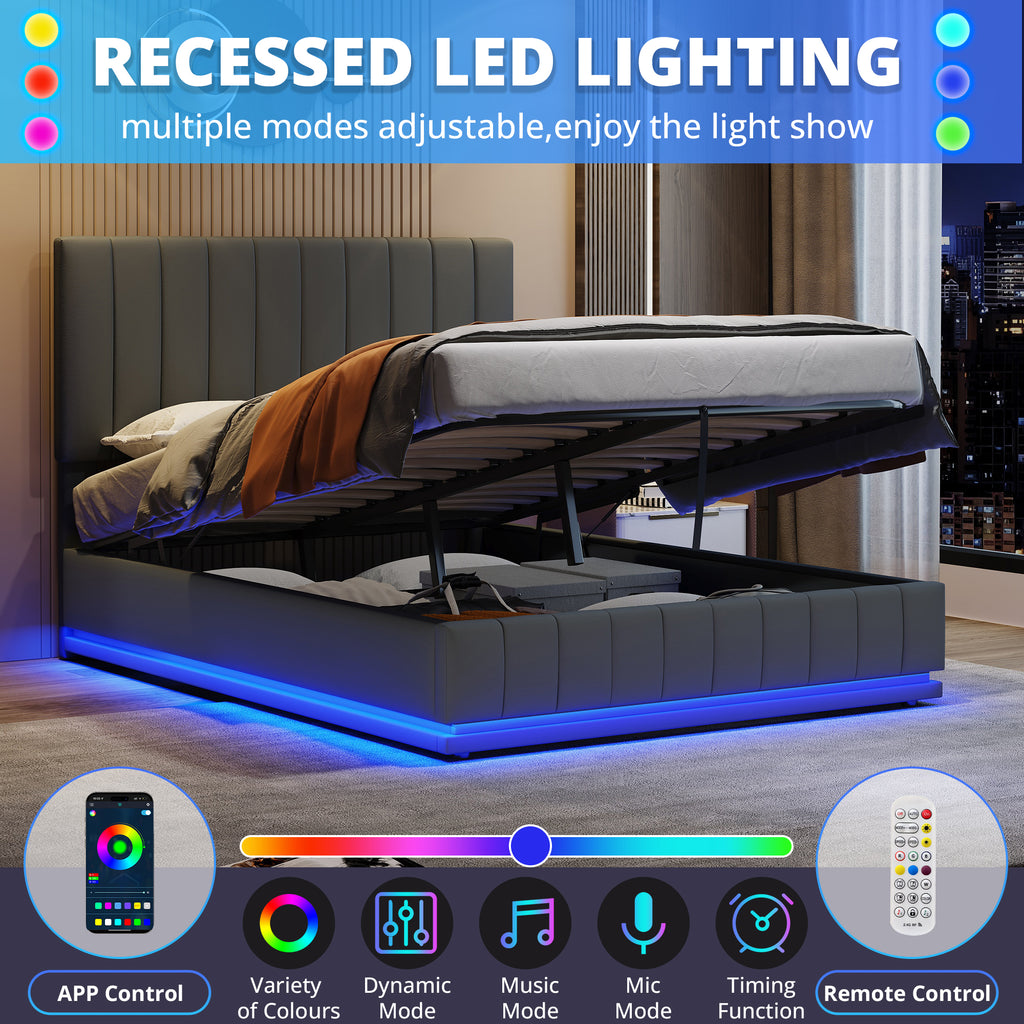 Ottoman King Bed with LED Lighting, PU Leather Upholstered Bed with Hydraulic Storage, 5ft King Bed Frame with Adjustable Channel Tufted Headboard, No Box Spring Needed, Grey (No Mattress)