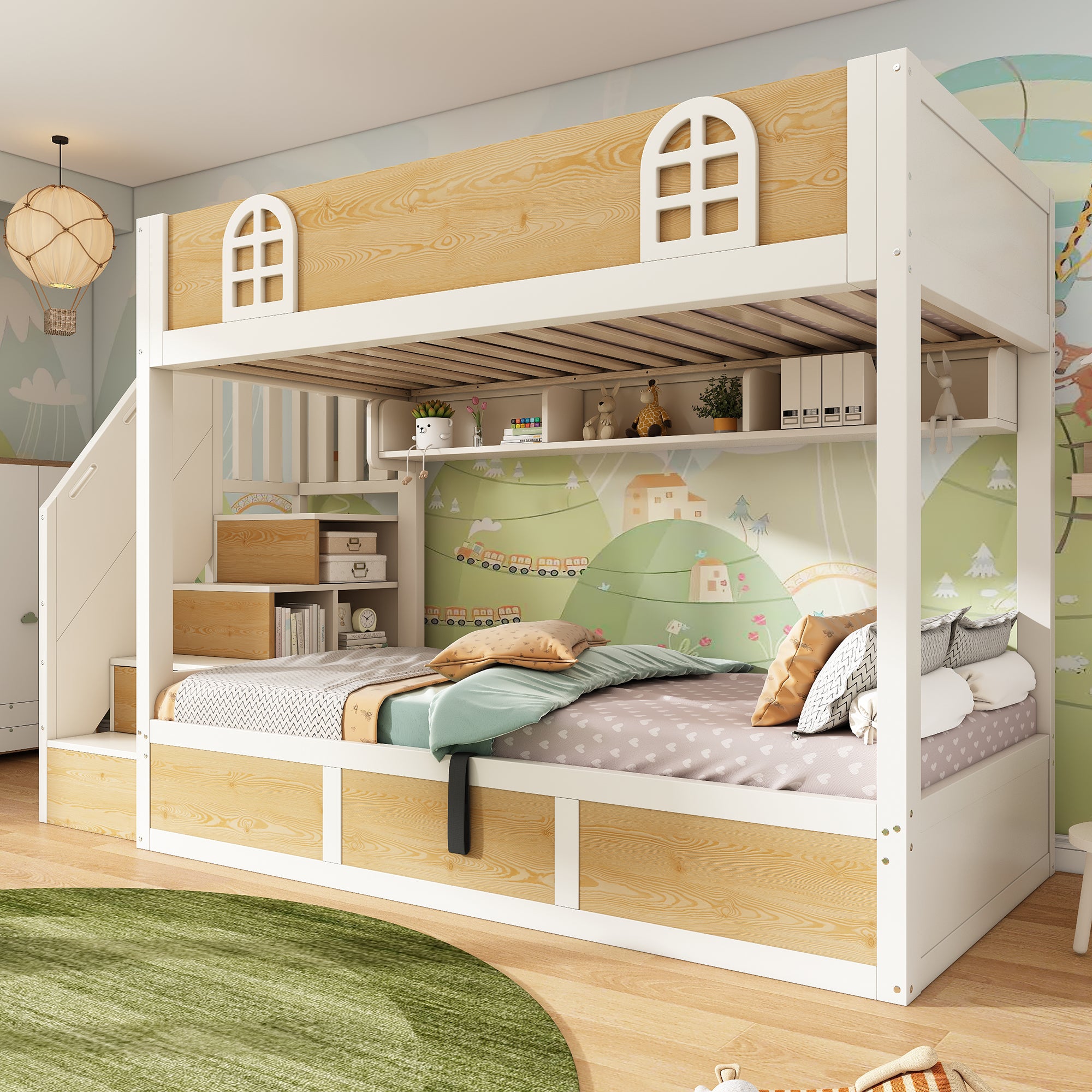 Bunk Beds for Kids, Staircase Bunk with Storage Cube, Children's Bed with Hydraulic Storage, Double Bed High Sleeper for Family with Multiple Children, 90 x 190 cm, Solid Wood, White & Natural