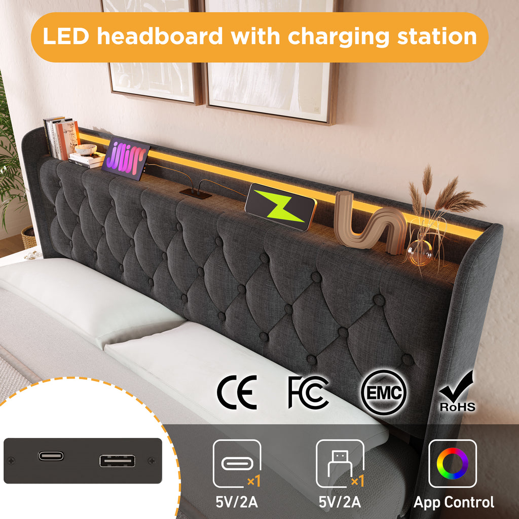 Upholstered King Ottoman Bed with 360 Surround Led Function,Hydraulic Storage Bed Frame with Large Storage Space, 5ft King size Bed Frame with Charging Function,150x200 ,Linen, Grey (No Mattress)