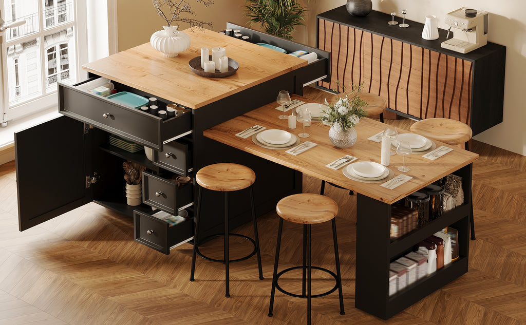 Extendable kitchen island (120-184 cm) with drawers and casters, mobile kitchen island with wood-look tabletop, versatile counter island for kitchen, dining room & bar counter, white/black
