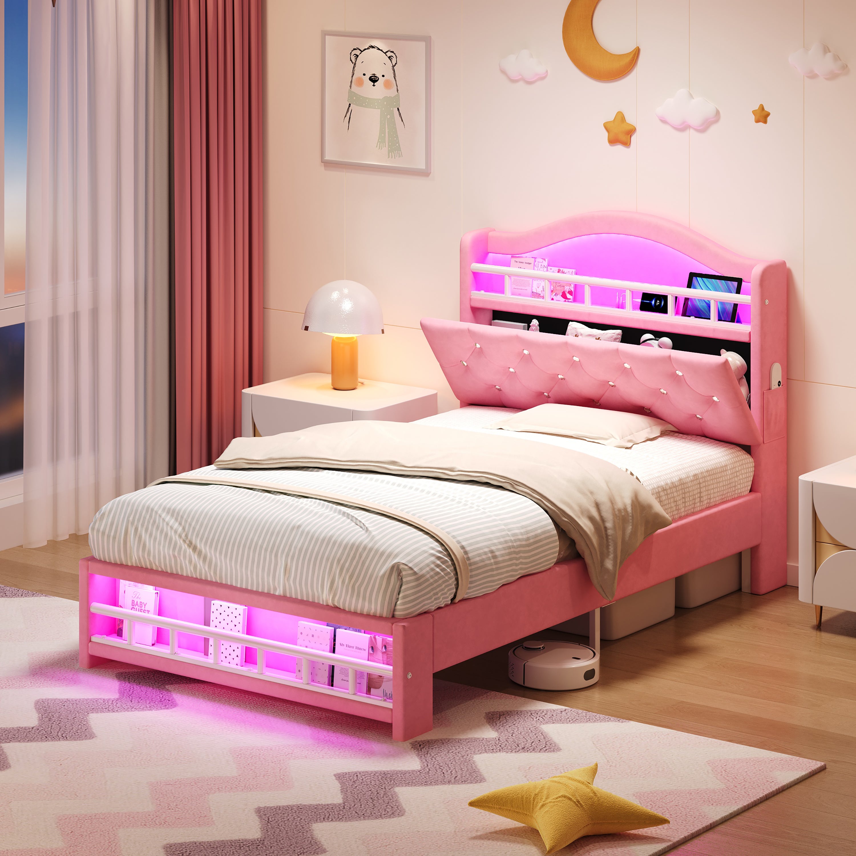 3ft Single Upholstered Velvet Bed Frame, LED Bed Frame with Charging Station & Diamond Tufted Headboard, Concealed Headboard Storage with USB and Type - C Ports, Easy Assembly, Pink (No Mattress)