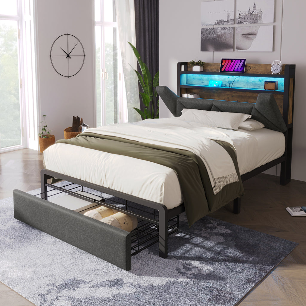 Upholstered Single Bed with LED Lighting, USB Type-C Charging Function, Storage Headboard and Drawers,  3ft Single Bed 90 x 190 cm, Storage Bed Frame with Metal Slatted Frame,Linen, Grey(No Mattress)