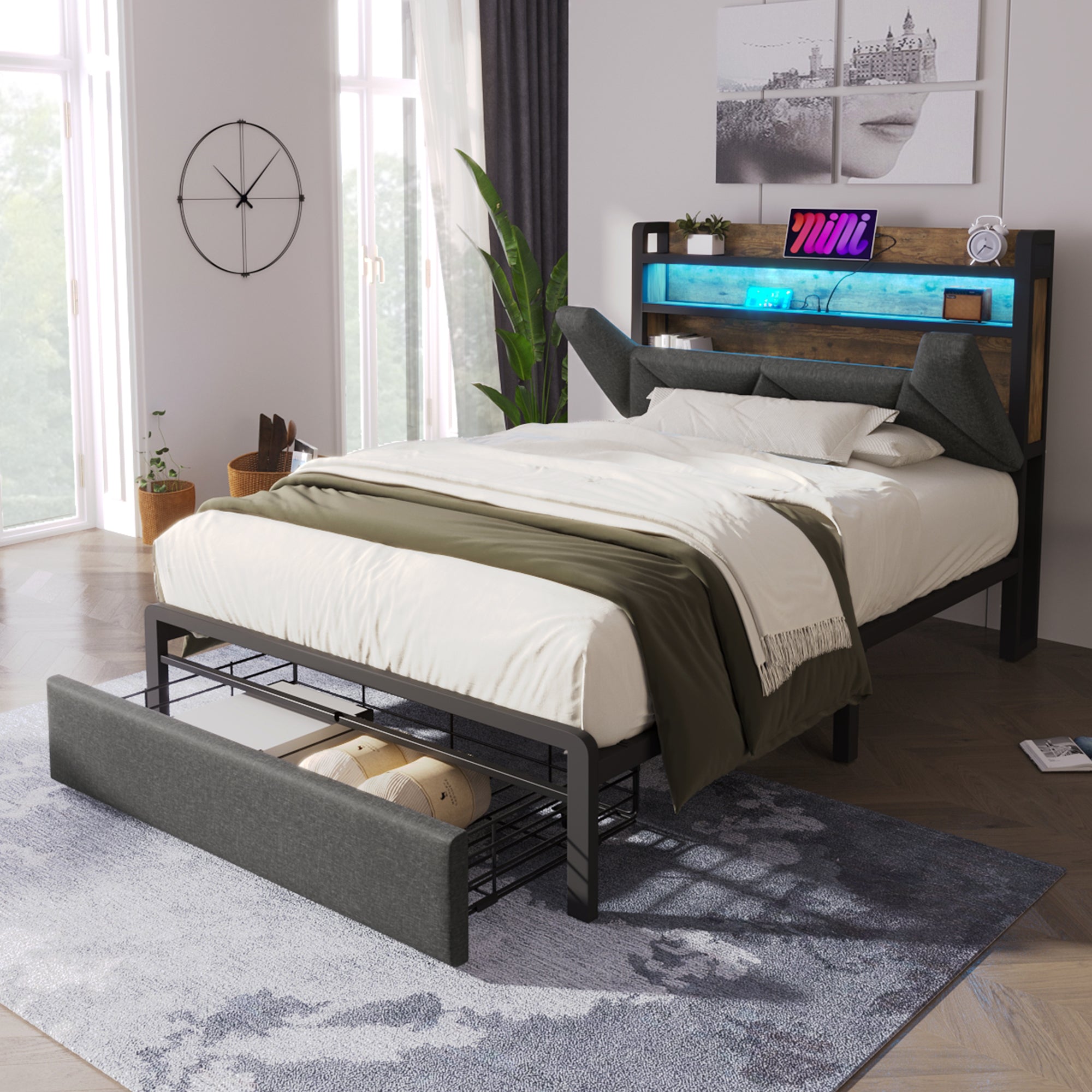 Upholstered Single Bed with LED Lighting, USB Type-C Charging Function, Storage Headboard and Drawers,  3ft Single Bed 90 x 190 cm, Storage Bed Frame with Metal Slatted Frame,Linen, Grey(No Mattress)