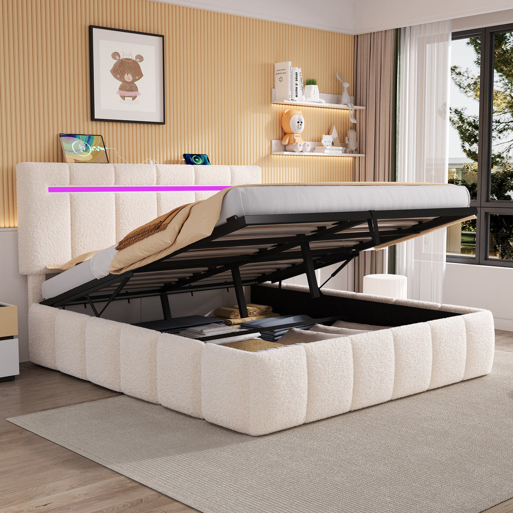 5ft King Upholstered Bed Frame with Hydraulic Storage,  LED Channel Tufted Adjustable Headboard with Charging Station, USB and Type - C Ports, Boucle Fabric, Beige (No Mattress)