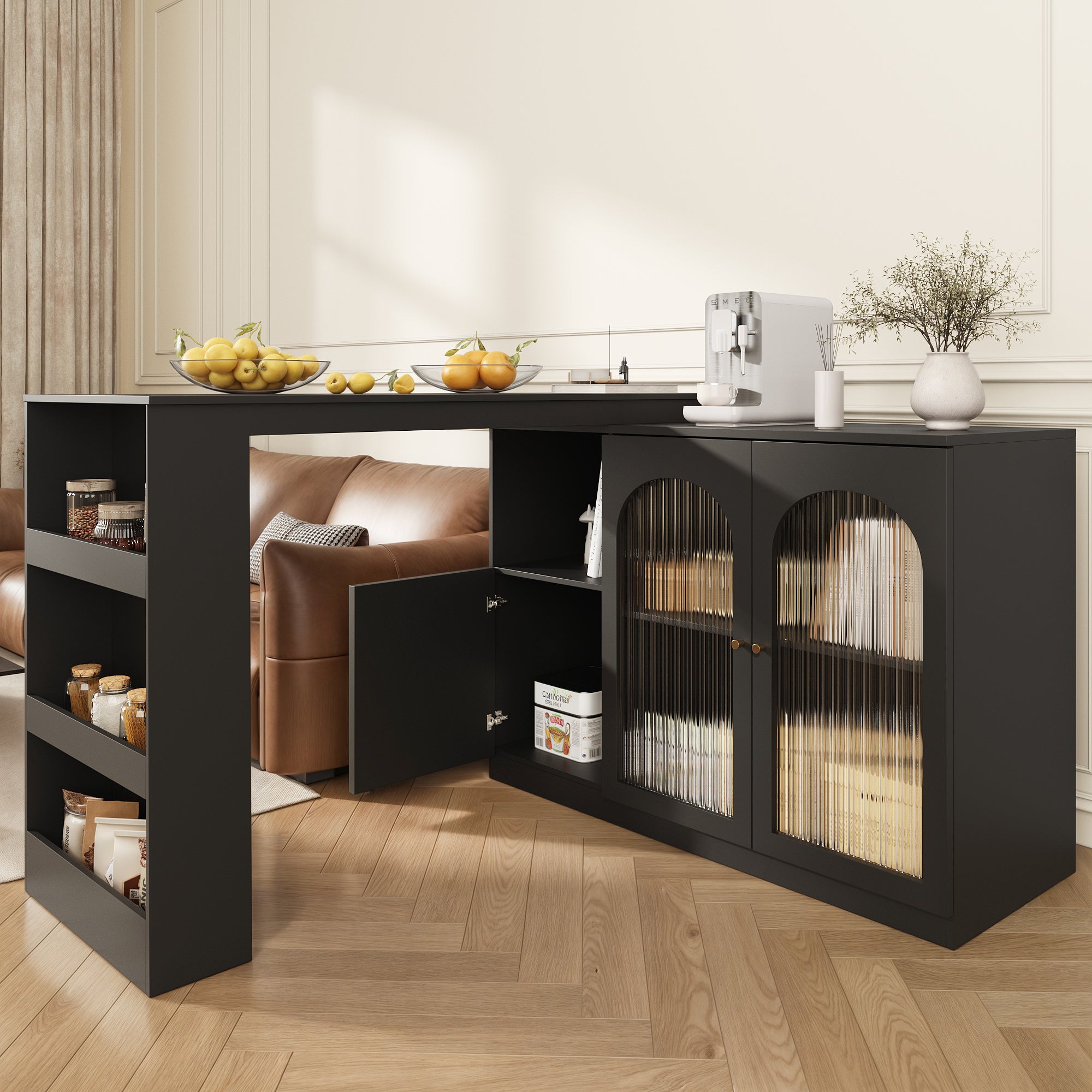 360° rotating bar table (main body 120 x 40 x 97 cm), modern and simple black rotating dining and bar cabinet, multifunctional storage cabinet with glass door