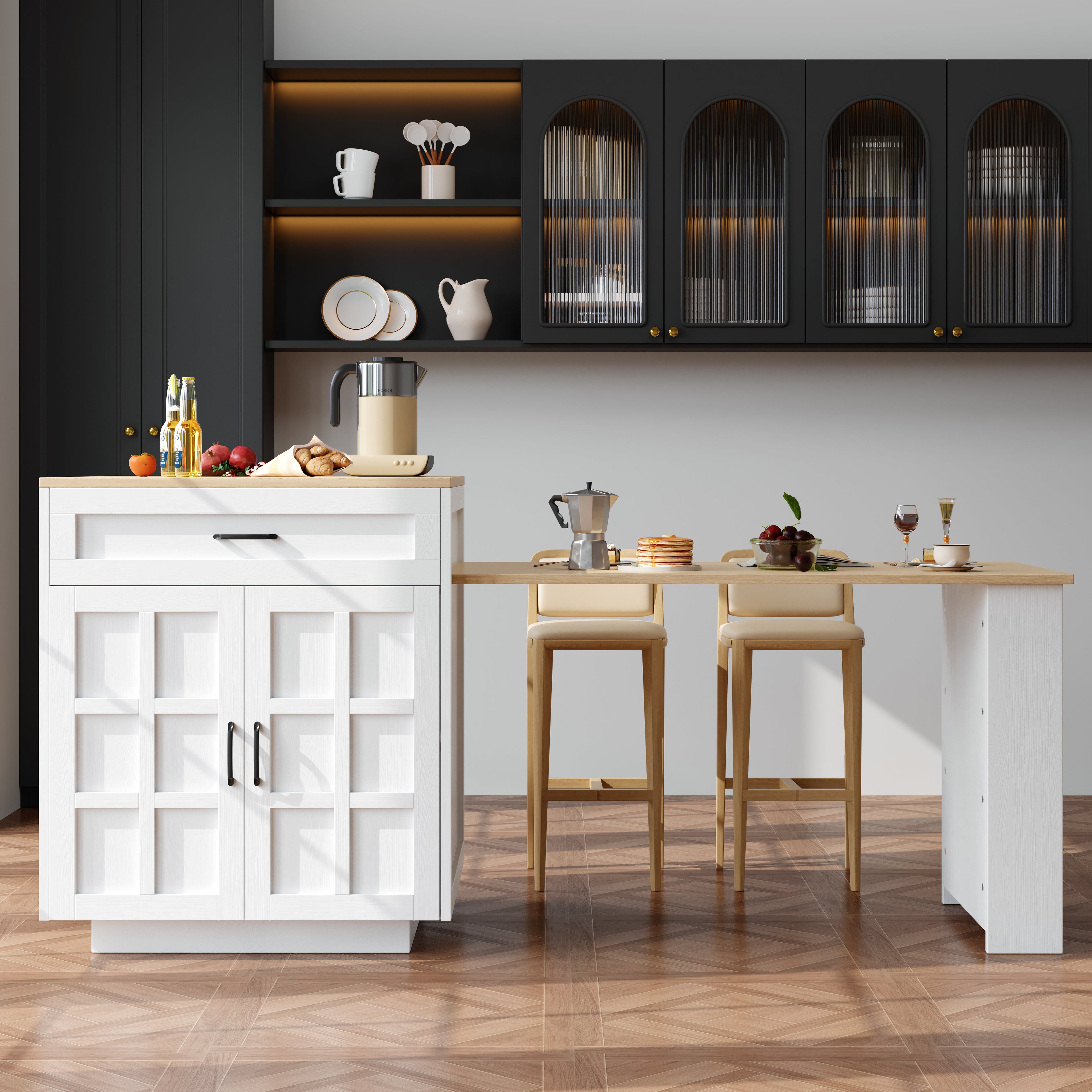 Extendable Bar Table with Storage (133–202 × 70 × 93.5 cm), with Two Drawers and Four Compartments, Expandable Kitchen Island Table for 2–6 People, Kitchen Dining Cart with Side Shelves, White.