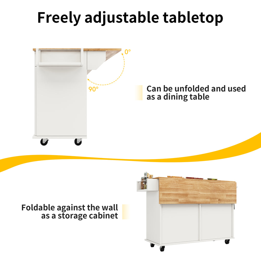 Rolling Kitchen Island Storage Trolley with Large Cabinet, 2 Drawers, Adjustable Shelf, Spice&Towel Rack, Sideboard Cupboard Cabinet Cart, Dining Room Organiser , White