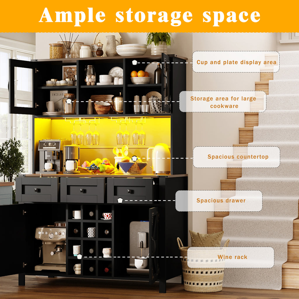 Tall Kitchen Cabinet with 4 Doors & 3 Drawers, USB Ports & Power Outlets, LED Light Strip, Modern Storage Sideboard, Side Cabinet for Kitchen & Living Room, 120 x 40 x 170 cm, Black