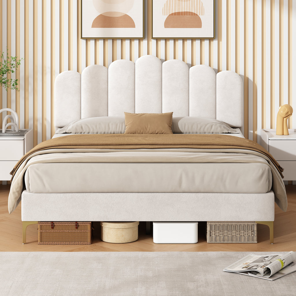 4ft6 Double Premium Velvet Upholstered Bed Frame with Scalloped Channel Tufted Design, Height Adjustable Headboard & Gold Metal Feet, Under-bed Storage Space, No Box Spring Needed, Beige (No Mattress)