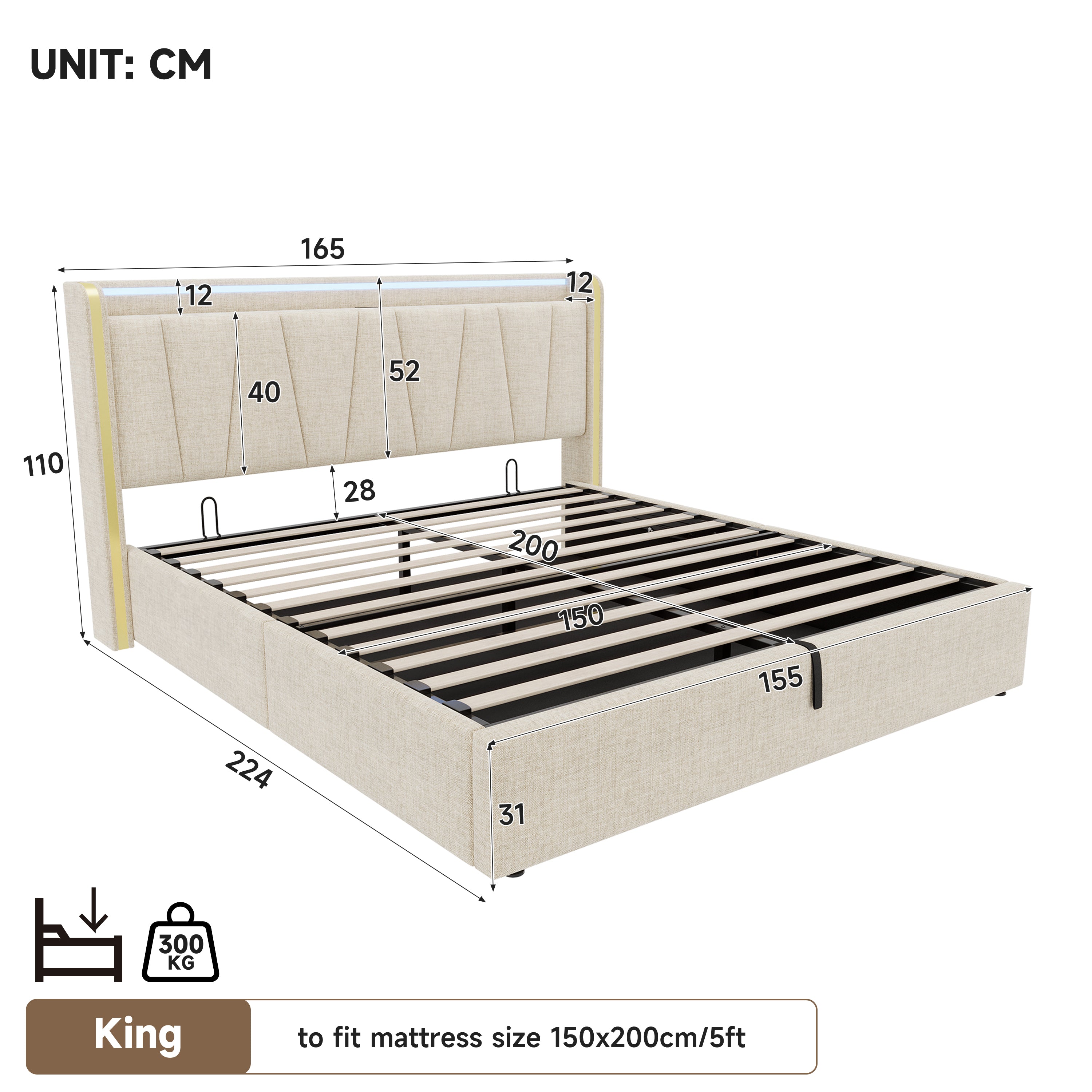 5ft King Upholstered Bed Frame with Hydraulic Storage, LED Headboard with Charging Station and Chrome Trim, USB and Type-C Ports, Linen, No Box Spring Needed, Beige (No Mattress)