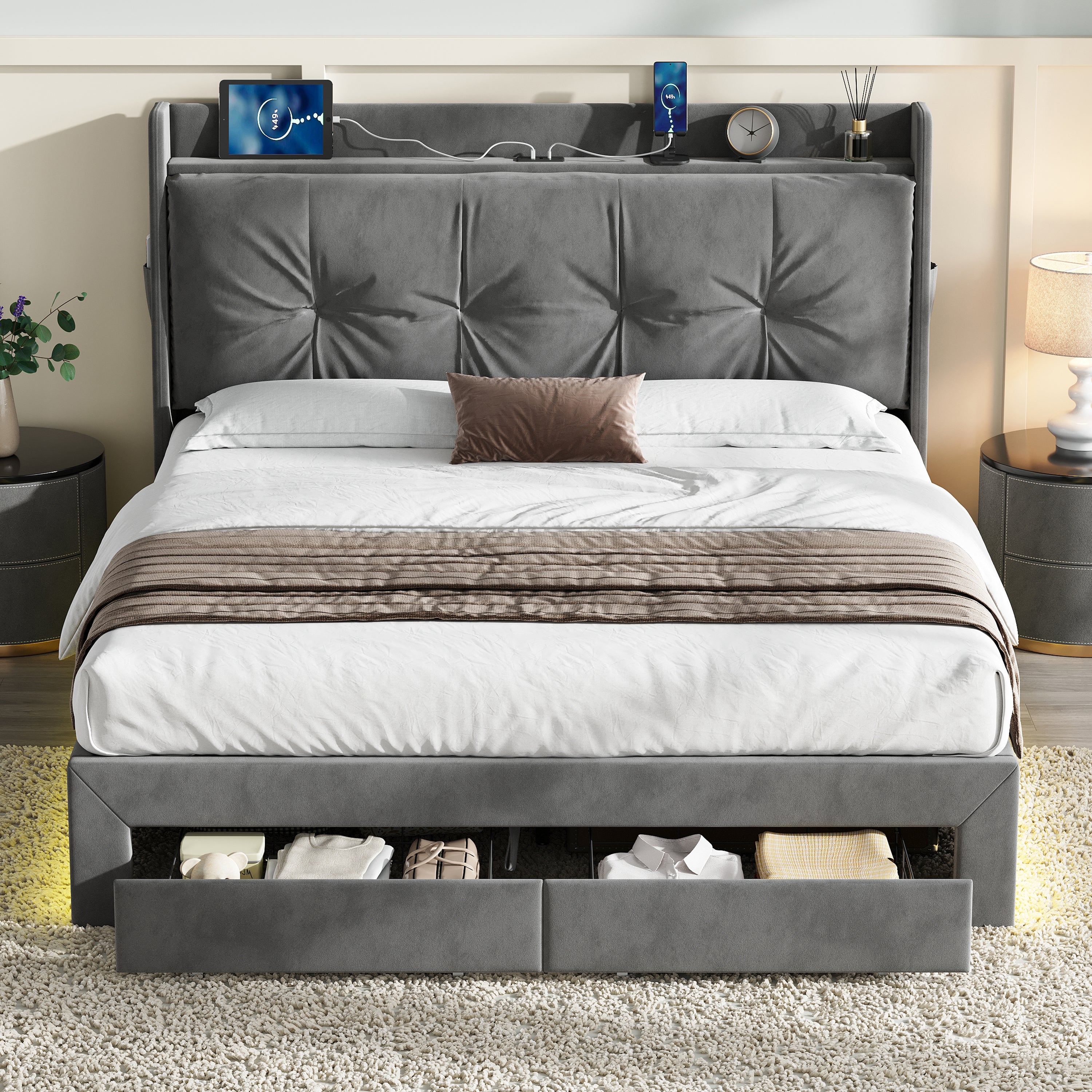 4ft6 Double Upholstered Bed Frame with Hydraulic and Drawers Storage, Back Cushion Headboard with Charging Station,  Velvet Ottoman Hydraulic Bed with RGB LED Lighting, Grey (No Mattress)