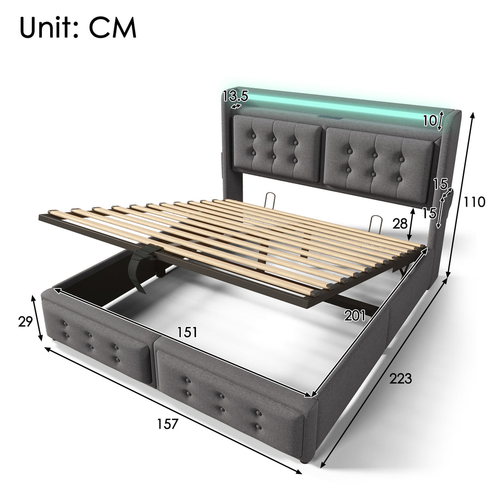Upholstered King Bed, 5FT Hydraulic Bed with LED Lighting, USB Type-C Charging, Headboard for Cellphones & Tablets, 150 x 200 cm, Linen, Grey (No Mattress)