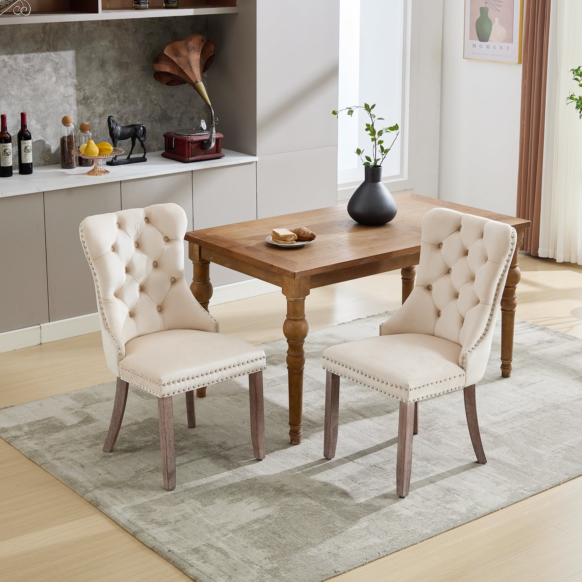 Modern Set of 2 Upholstered Velvet Dining Chairs, Button Tufted Kitchen Lounge Chairs with Brushed Wood Legs, Riveted Trim and Knocker Ring, for Dining Room Living Room, Beige
