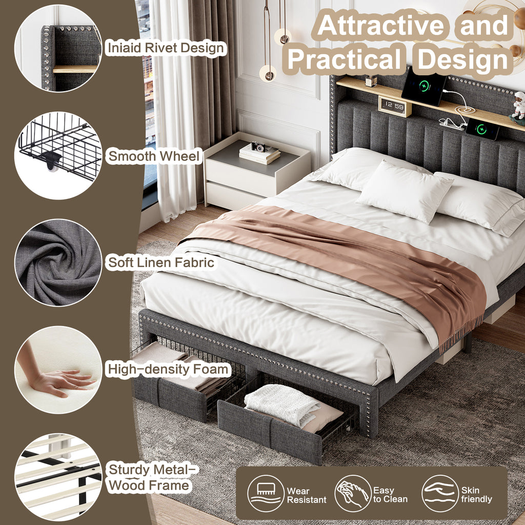 4ft6 Double Upholstered Bed with 2 Storage Drawers, Riveted Storage Bed with Charging and Lighting, Linen Platform Bed Frame No Box Spring Needed, Easy Assembly, Grey (No Mattress)