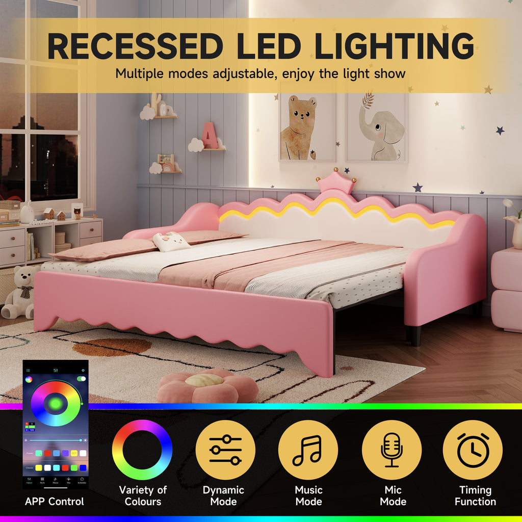 3ft Single Daybed with LED Crown Shape Headboard, PU Leather Sofa Bed Frame with Solid Wood Slat, Pull out Trundle Bed for Living Room/ Bedroom/ Study Room, Cream White + Pink (No Mattress)