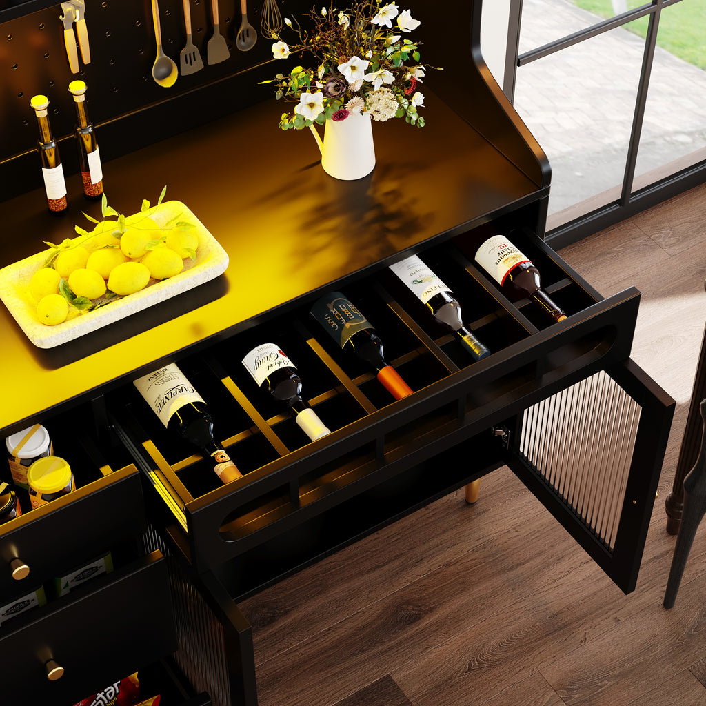 Highboard with Adjustable Shelves & LED Lights, Freestanding Storage Unit for Living Room Kitchen Dining, Tall cabinet with wine rack, Dimensions 145x39x171cm, Black