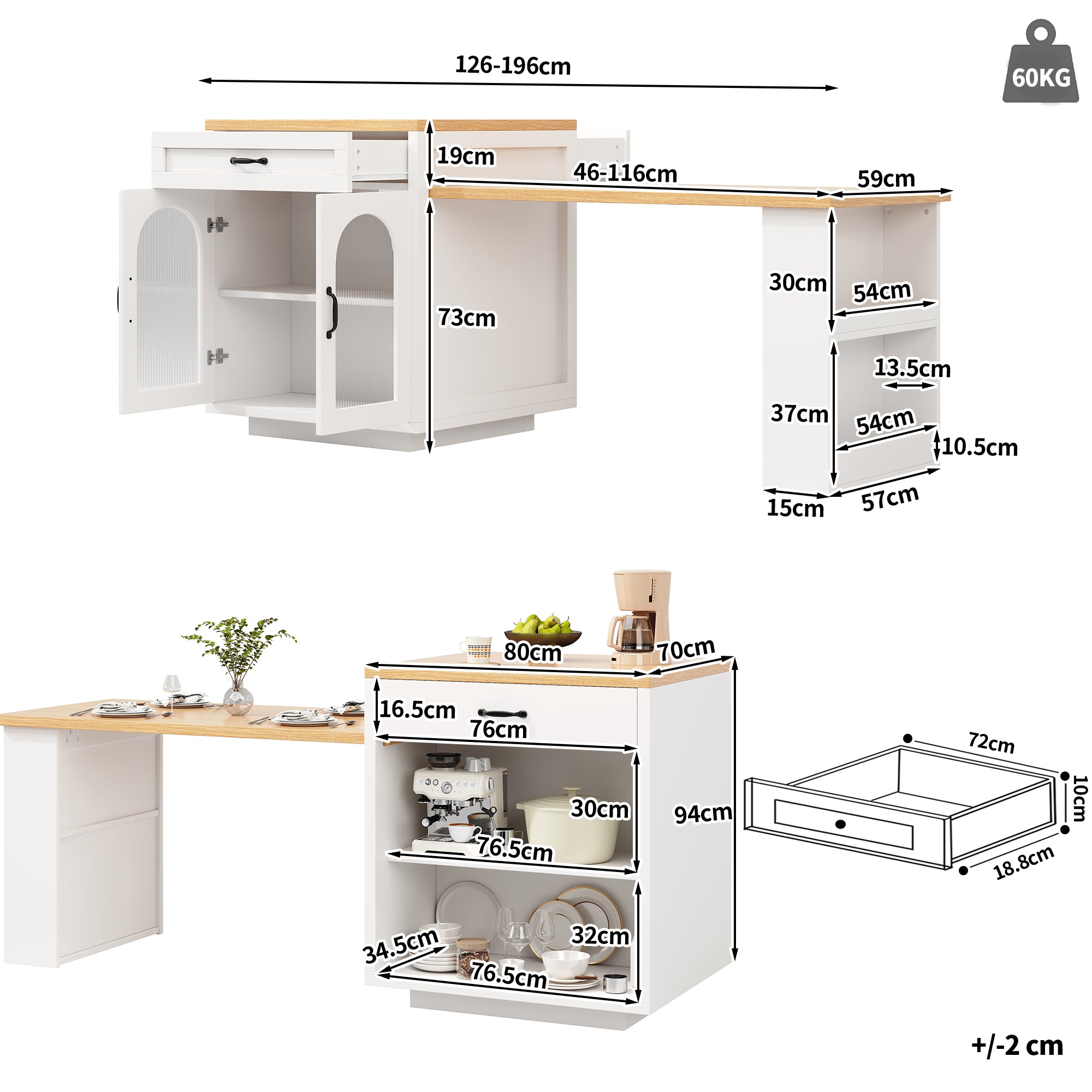 Extendable Kitchen Island with LED Lighting, Modern Storage Cabinet with 2 Drawers & Adjustable Shelves, Kitchen Sideboard with Fluted Glass Doors, MDF Kitchen Countertop for Dining Room