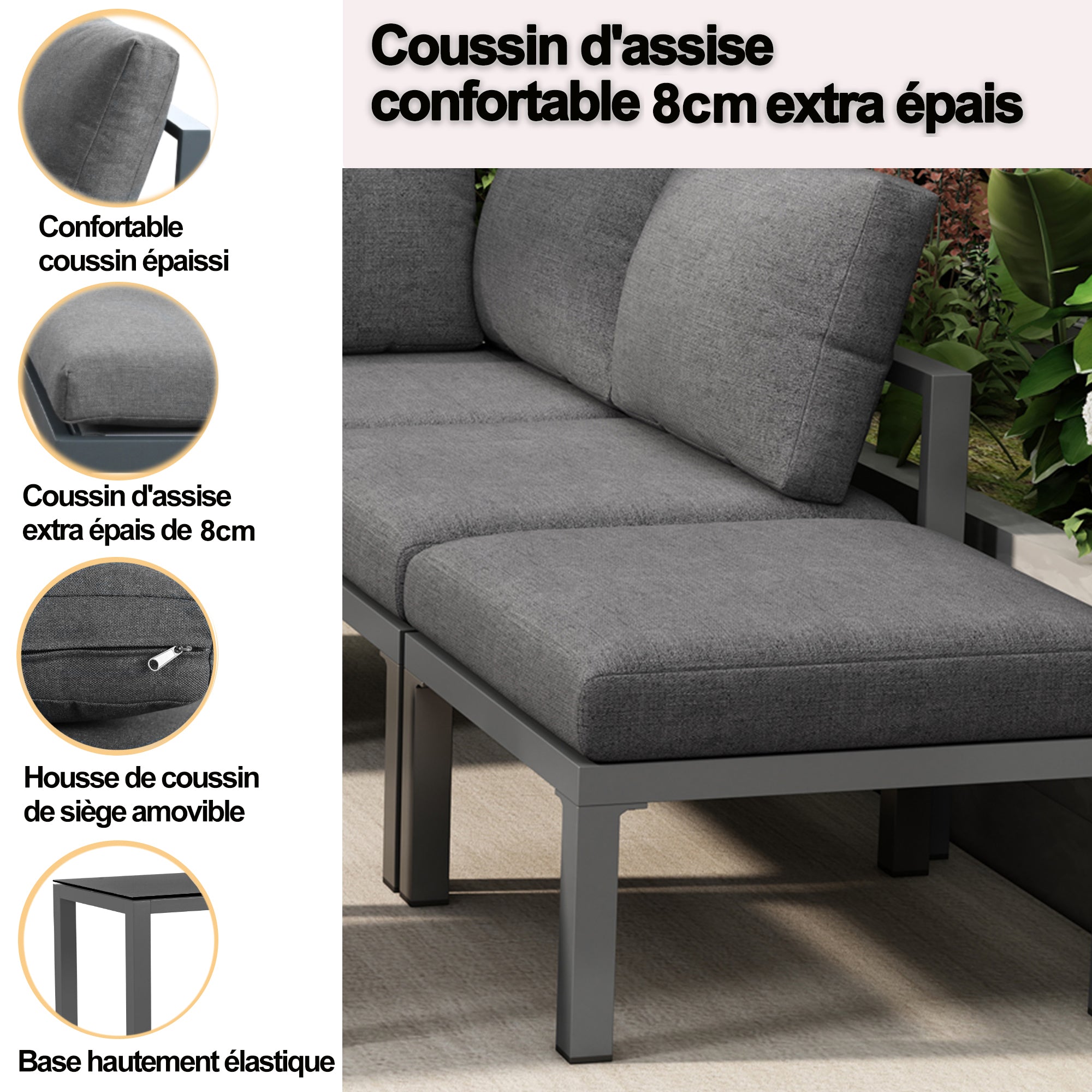 Outdoor garden terrace lounge sofa set, garden furniture for 4-5 people with side table and coffee table, corner sofa, all-weather lounge furniture, grey, all cushions included
