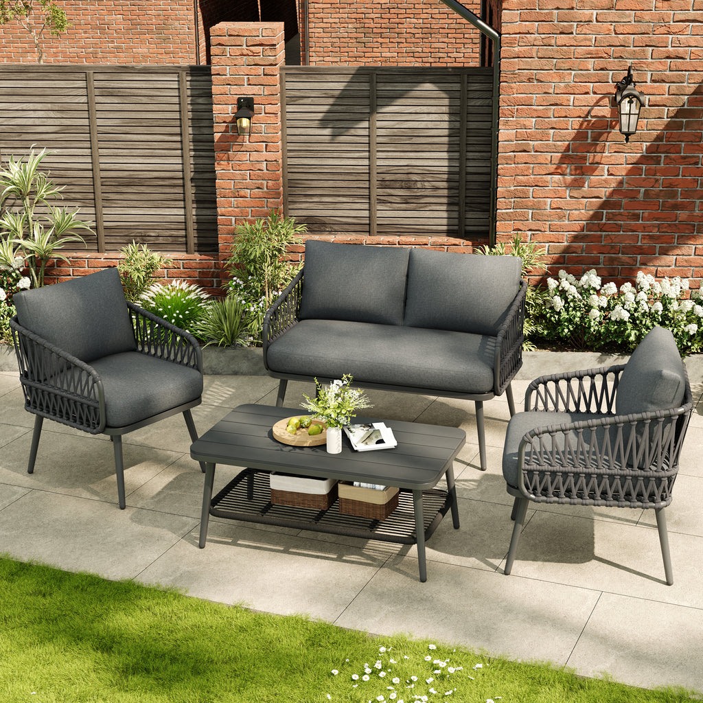 4 Seater Garden Set with Plastic Wood Storage Coffee Table, Polyester Rope Outdoor Set with Sofa and Armchairs, Weatherproof Outdoor Patio Sofa for Balcony and Terrace, Linen, Grey