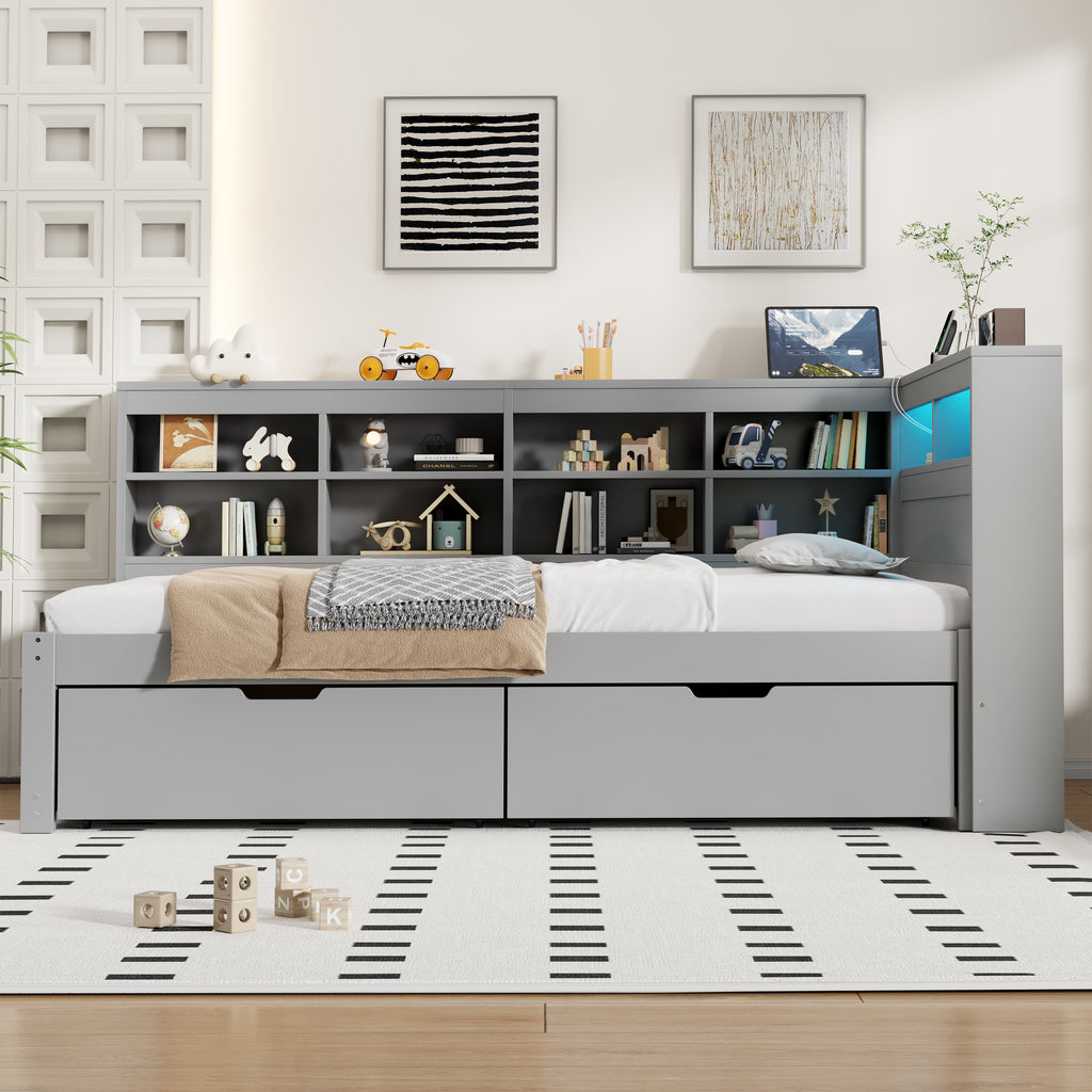3ft Single Daybed with Two Storage Drawers and Beside Storage, LED Modern Bed frame with Charging Station, Wood Bed for Living Room/ Bedroom/ Study Room, 90X190cm, Easy Assembly, Grey (No Mattress)