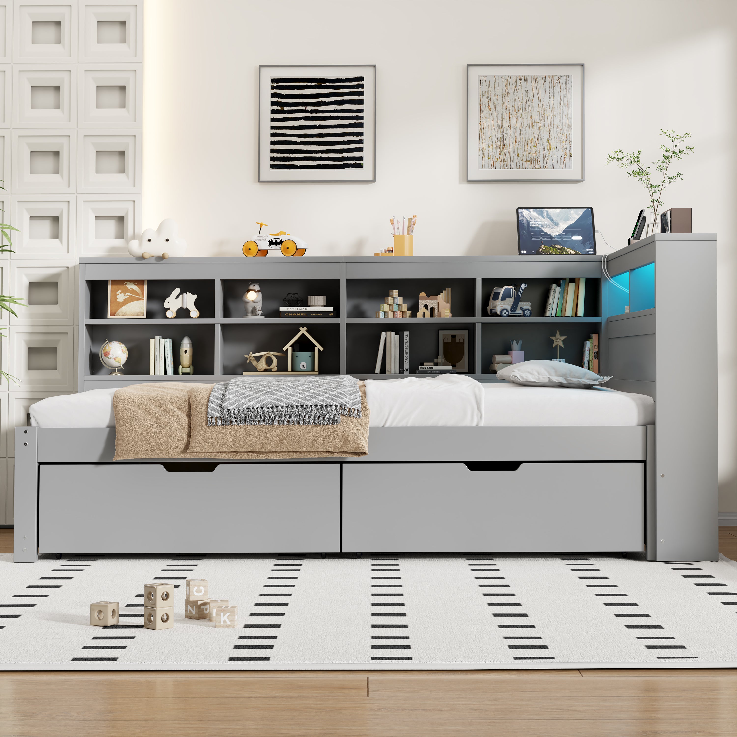 3ft Single Daybed with Two Storage Drawers and Beside Storage, LED Modern Bed frame with Charging Station, Wood Bed for Living Room/ Bedroom/ Study Room, 90X190cm, Easy Assembly, Grey (No Mattress)