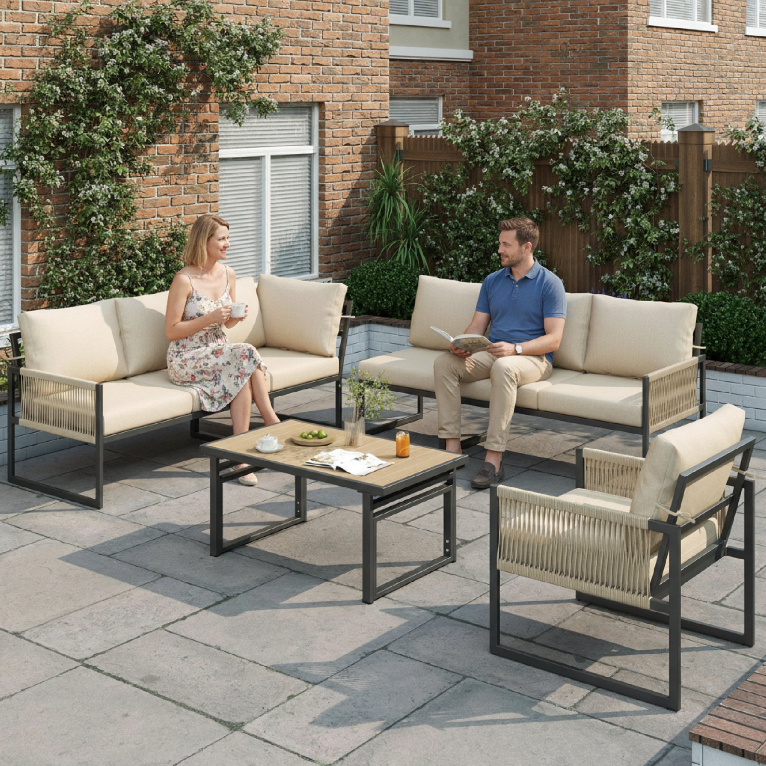 6-7 Seater Garden Furniture Set with Height Adjustable Rising Coffee Table, Corner Sofa with Polyester Rope, Weatherproof Outdoor Patio Dining Lounge Set for Balcony and Terrace, Beige