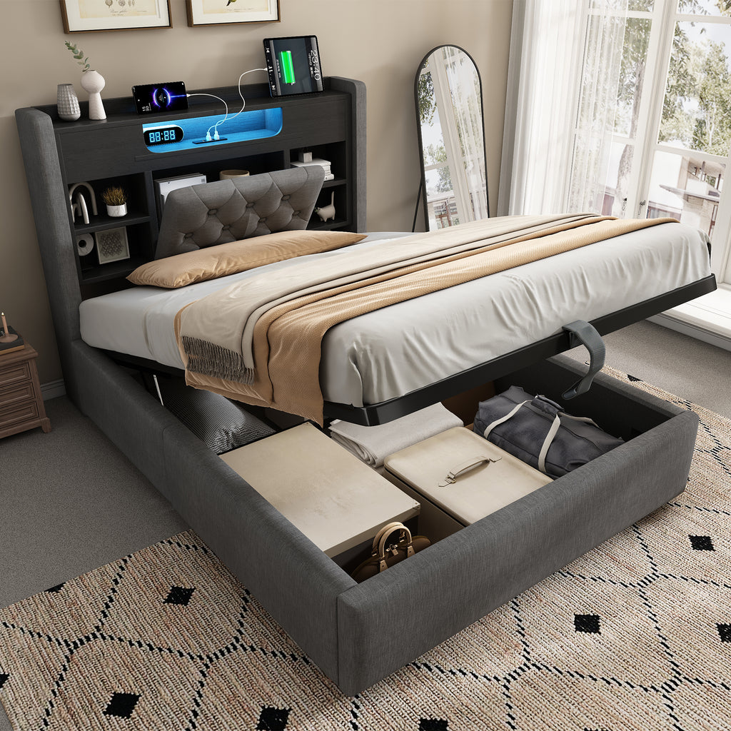 4ft6 Double Bed with Hydraulic Storage, Upholstered Bed Frame with LED Lighting & Charging Station, Storage Headboard for Cellphones & Tablets, 135 x 190 cm, Linen, Grey (No Mattress)