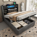 4ft6 Double Bed with Hydraulic Storage, Upholstered Bed Frame with LED Lighting & Charging Station, Storage Headboard for Cellphones & Tablets, 135 x 190 cm, Linen, Grey (No Mattress)