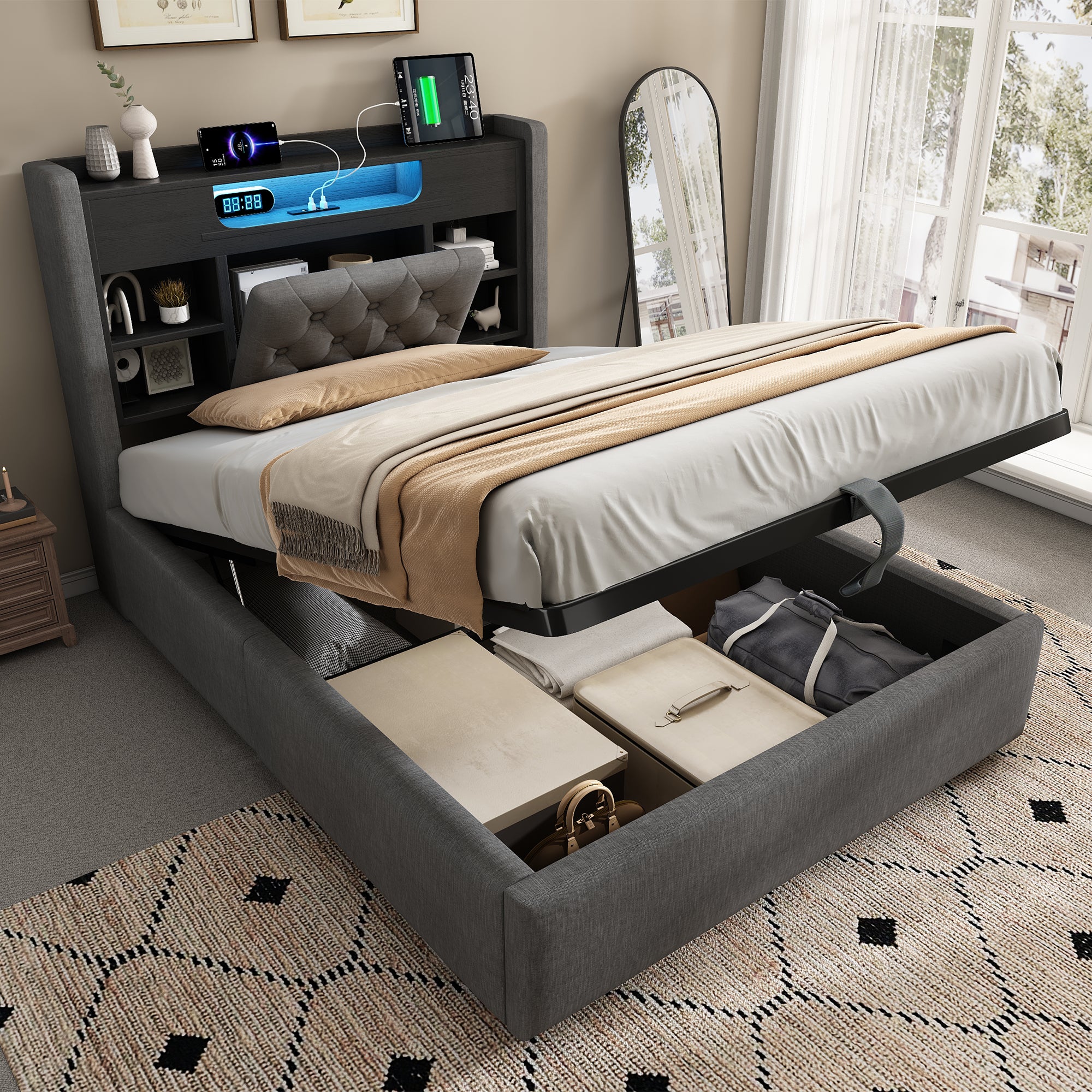 4ft6 Double Bed with Hydraulic Storage, Upholstered Bed Frame with LED Lighting & Charging Station, Storage Headboard for Cellphones & Tablets, 135 x 190 cm, Linen, Grey (No Mattress)