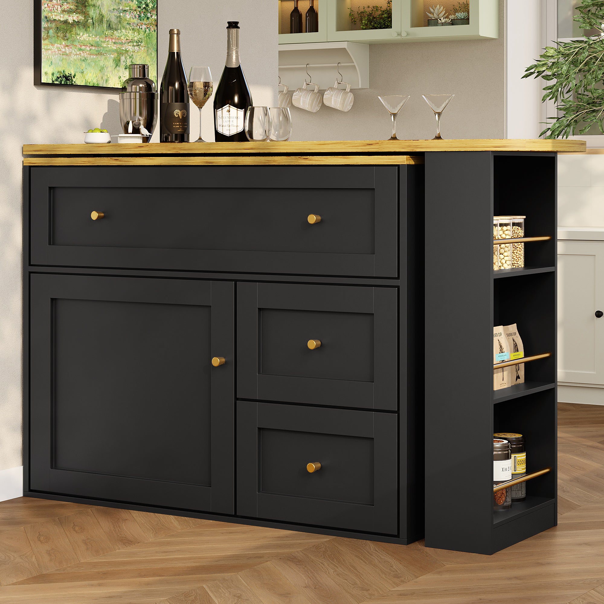 Extendable bar table with storage space (138-204×39×105cm), kitchen cabinet, sideboard with snack shelf, telescopic bar table, high table, bistro table, high table, kitchen island, black