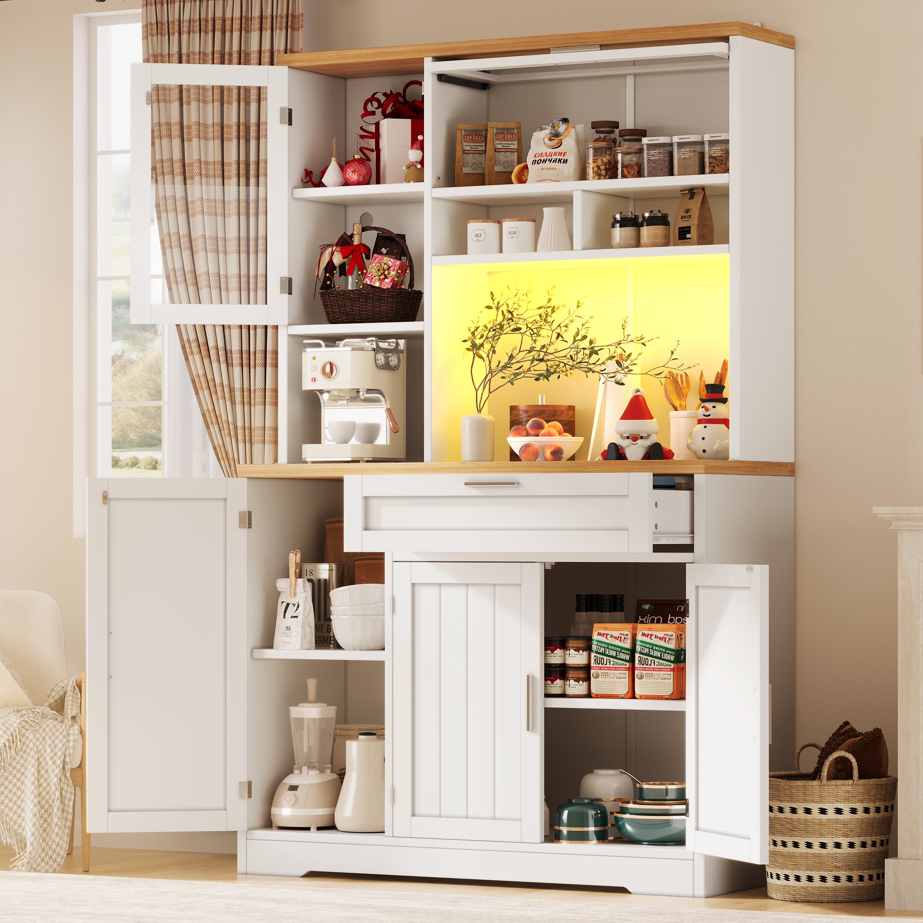 Tall Display Cabinet with LED Lighting - 104x40x180 cm Kitchen & Living Room Storage, White/Black