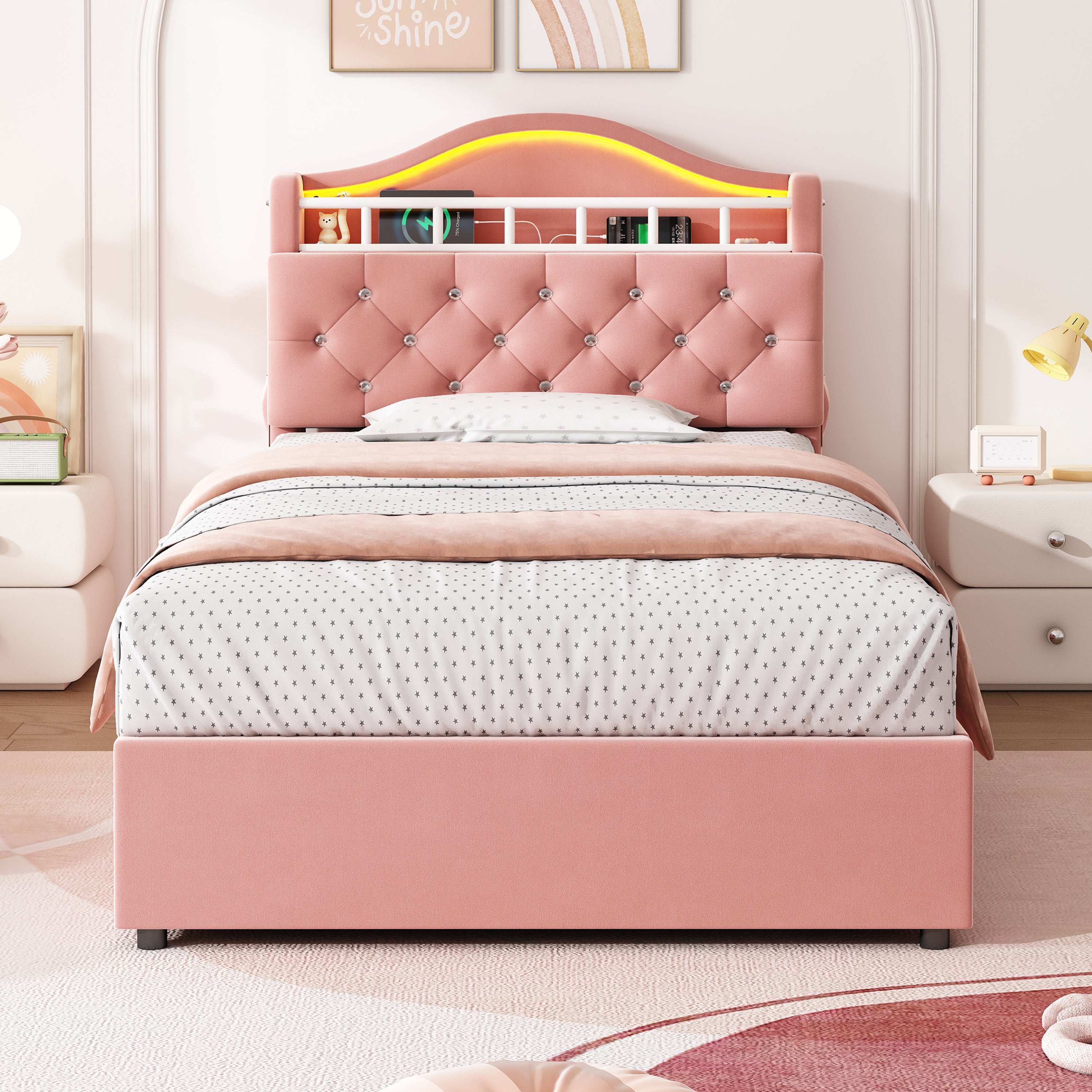 3ft Single Hydraulic Bed in Velvet, LED Bed Frame with Charging Station & Diamond Tufted Headboard, Multi-zone Storage, Solid & Stable Base, Pink (No Mattress)