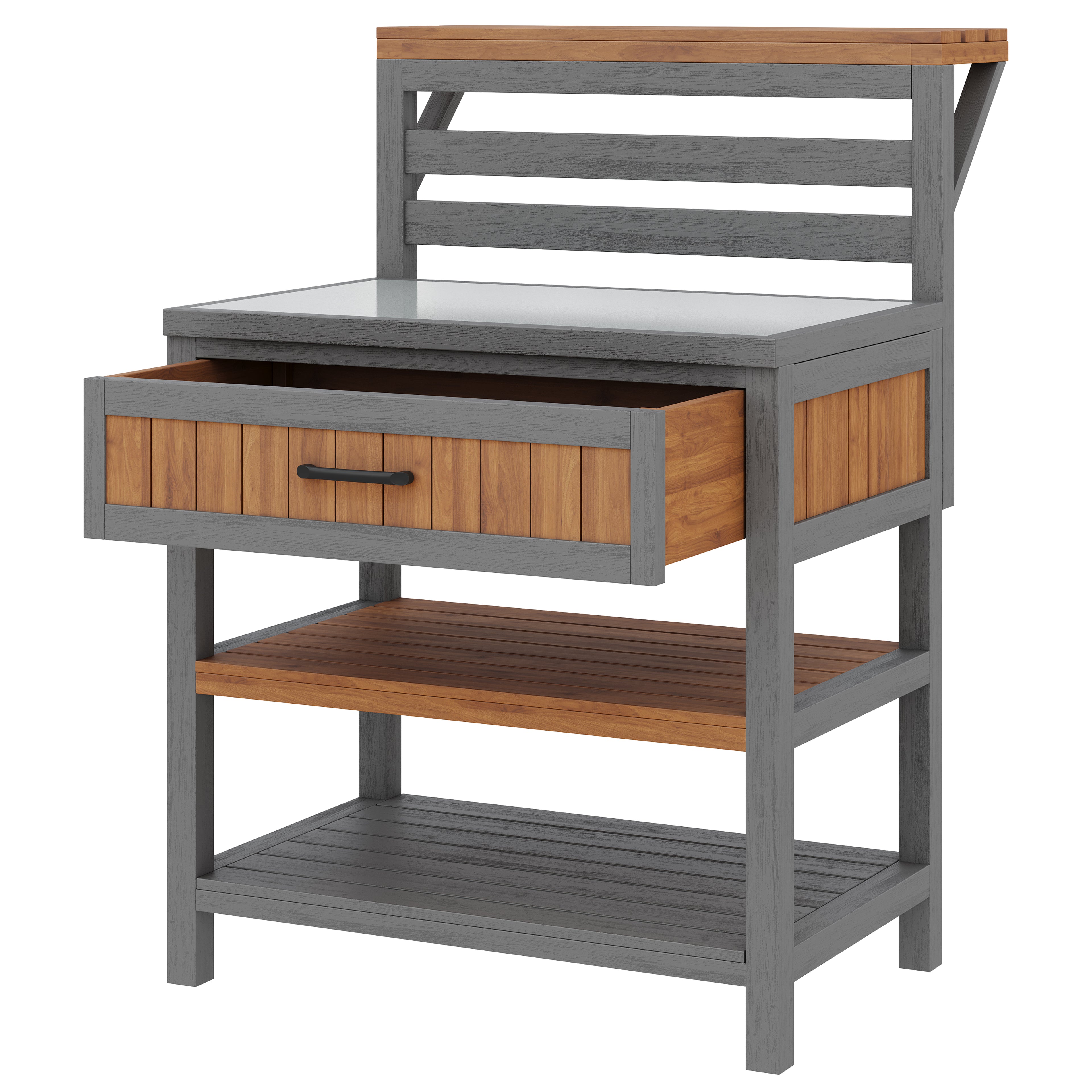 Wooden outdoor garden cabinet, outdoor cabinet with stainless steel worktop & large drawer, barbecue station with double shelf, tilt-proof design, weather-resistant kitchen cabinet for patios