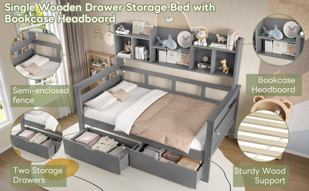 3ft Single Beds for Kids with Two Storage Drawers and Bookcase headboard, Wooden Bed Frame with Storage and Guardrail, Space-Saving Design for Bedroom, Dorm and Study Room, Grey (No Mattress)
