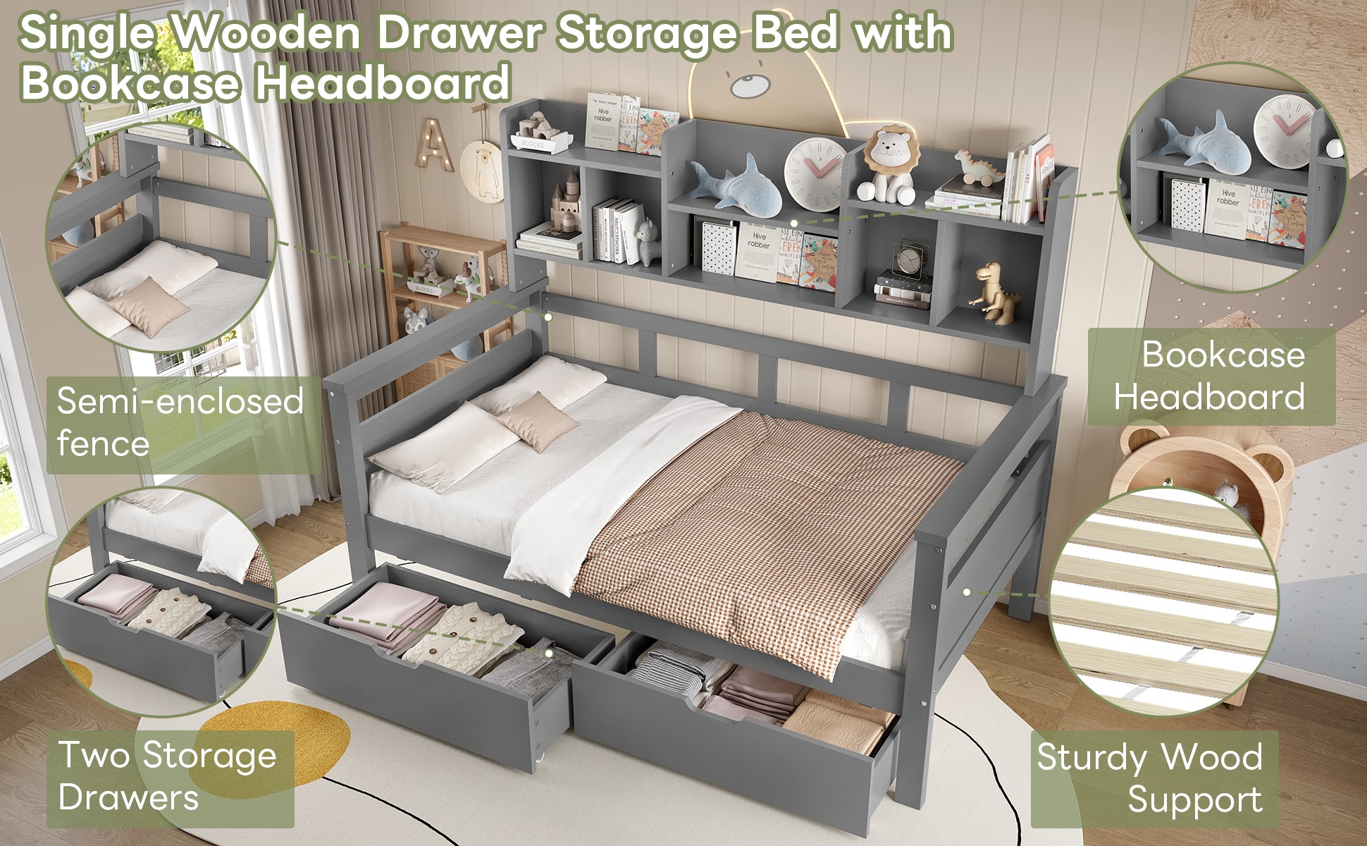 3ft Single Beds for Kids with Two Storage Drawers and Bookcase headboard, Wooden Bed Frame with Storage and Guardrail, Space-Saving Design for Bedroom, Dorm and Study Room, Grey (No Mattress)