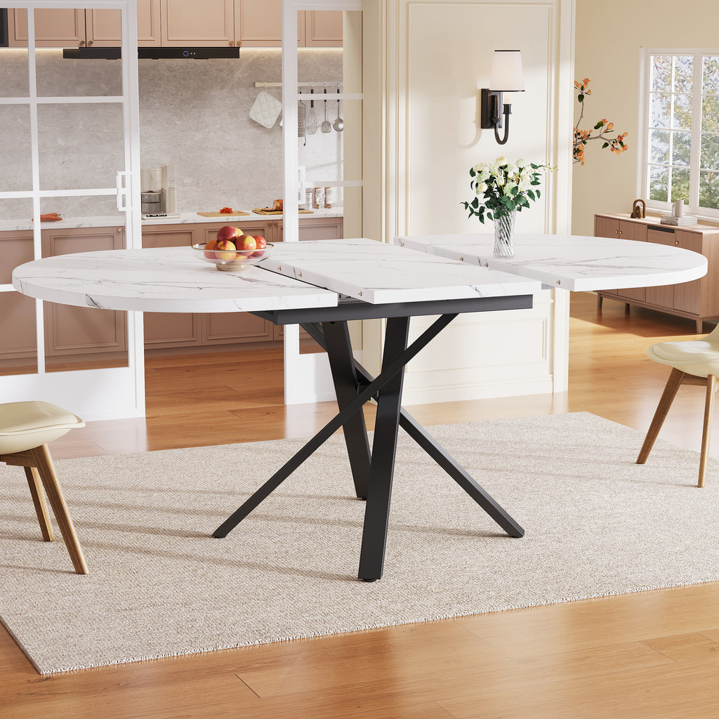 Extendable dining table 100-140cm, round-oval table, stable X-metal frame, adjustable feet, white&black