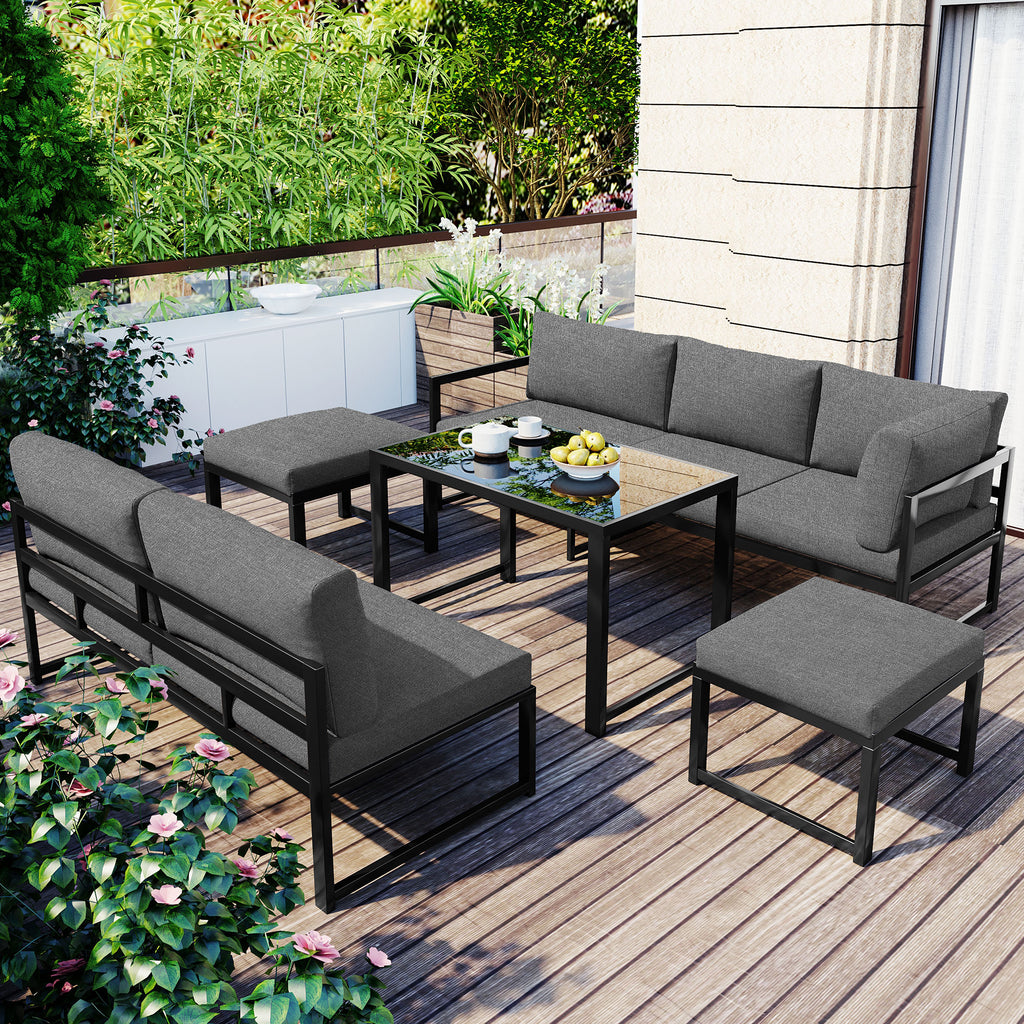 Outdoor Garden Lounge Sofa Seating Set, Garden Balcony Furniture with Reclining Function, Backrest Adjustable in Four Directions, Includes All Soft Seat Cushions and Backrest, Grey