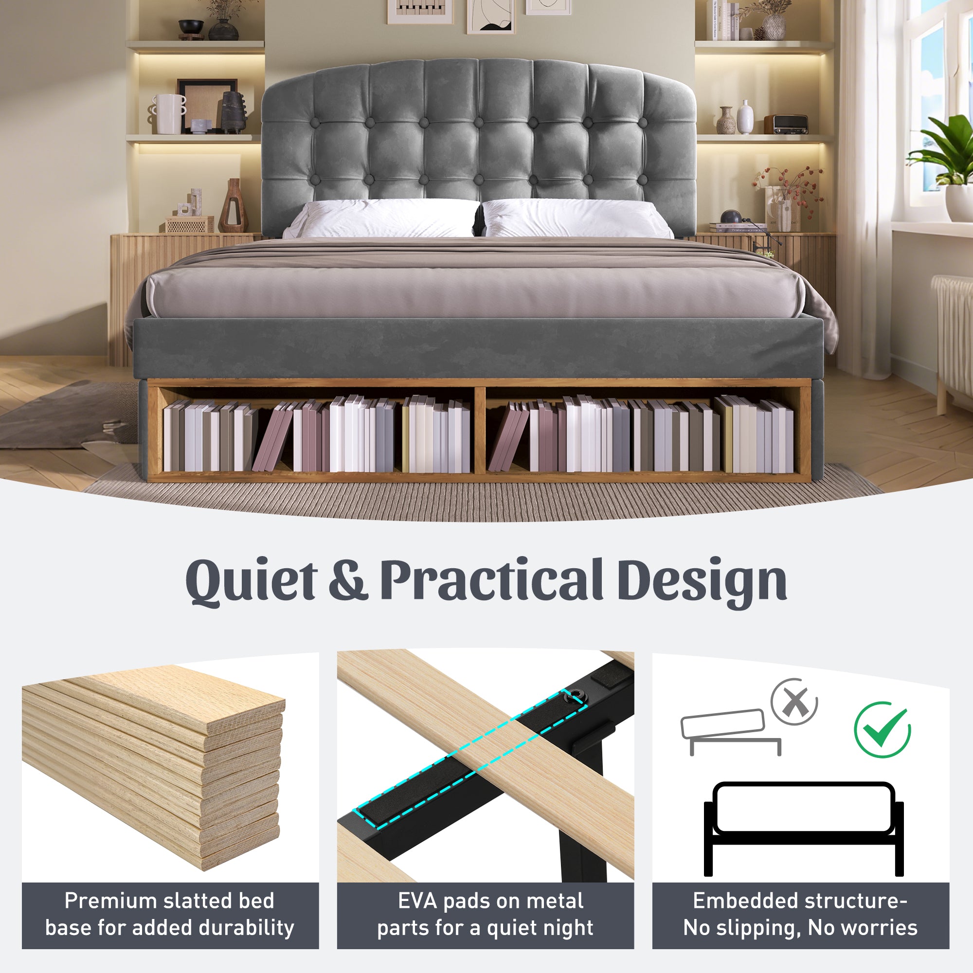 Upholstered Double Bed with Storage Compartments and Drawers, 4ft6 Double Bed with Adjustable Headboard, 135 x 190 cm, Velvet, Grey (No Mattress)