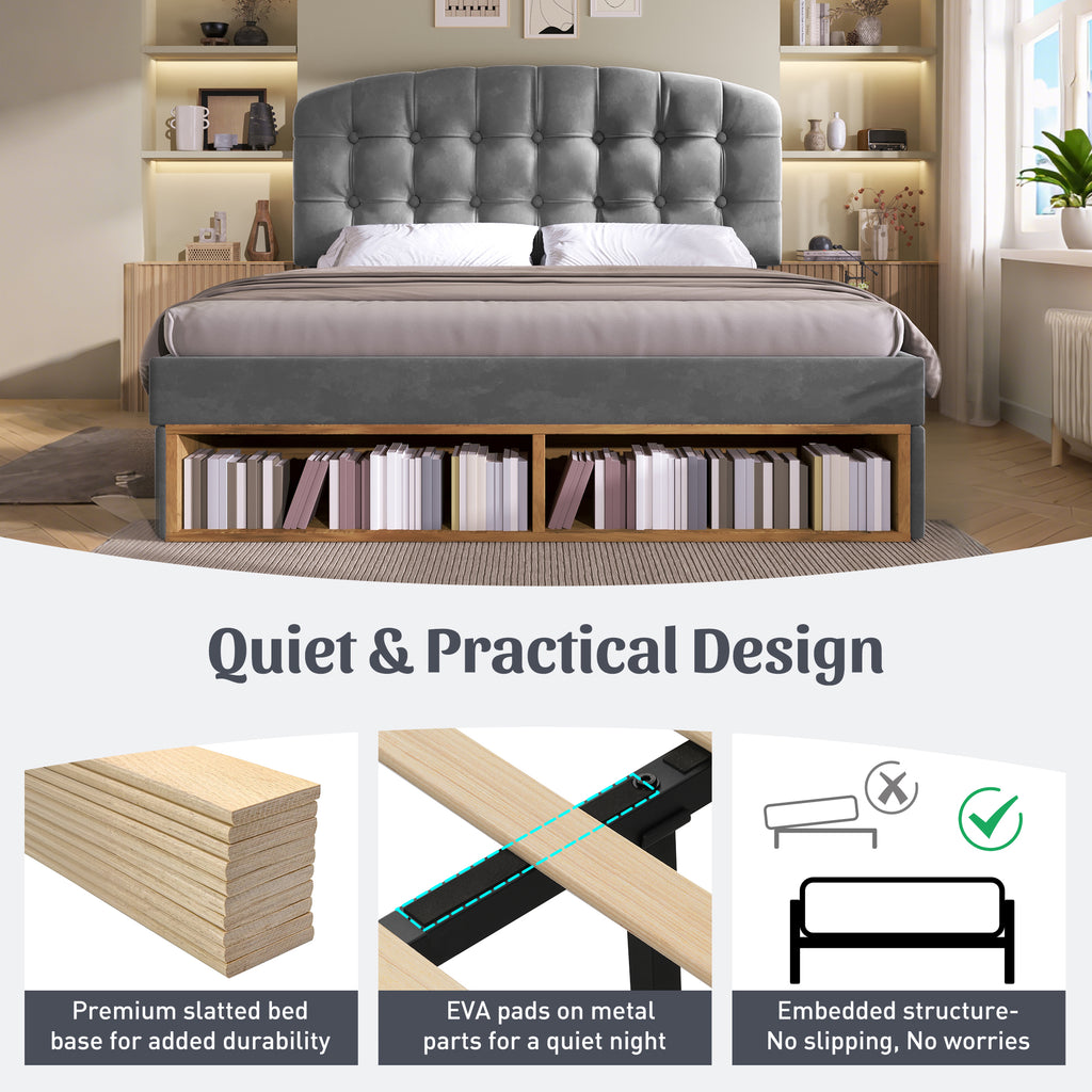 Upholstered King Bed with Storage Compartments and Drawers, 5ft King Bed with Adjustable Headboard, 150 x 200 cm, Velvet, Grey (No Mattress)