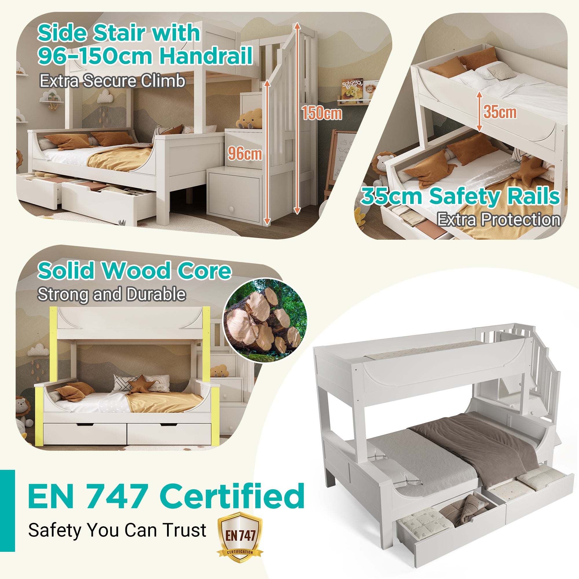 Bunk Beds for Kids, Staircase Bunk with Drawers and Storage, Children's Bed with Storage Unit, Double Bunk Bed for Family with Multiple Children, (90+135) x 190 cm, Solid Wood, White