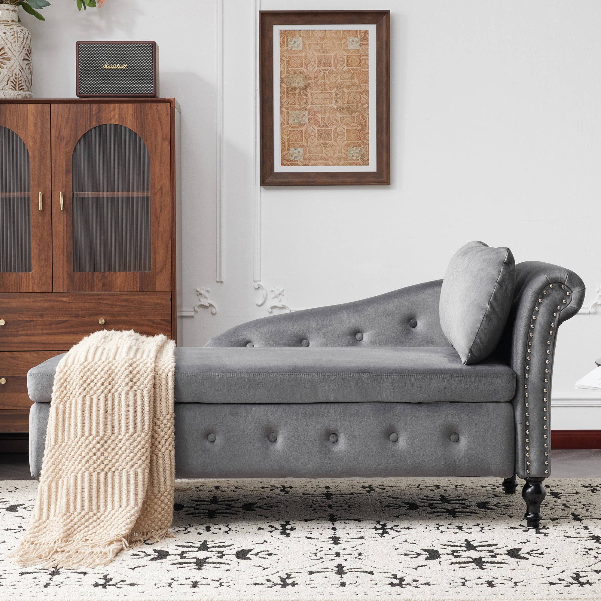 Velvet Chaise Lounge Sofa with Storage, Upholstered Chaise lounge Couch with Pillow for Living Room, Modern Nailhead-Trim & Button-tufted Lounge Chair, Bedroom and Office, Right Armrest