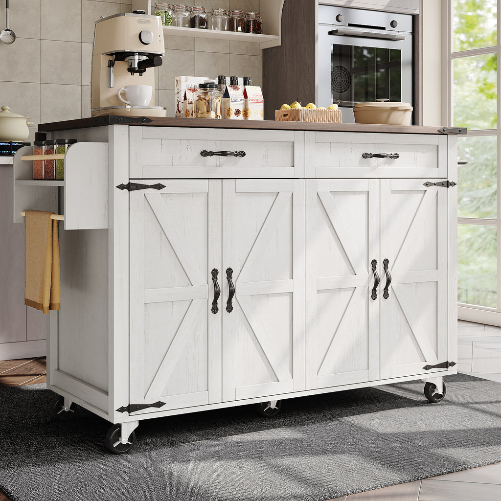 Farmhouse Style Rolling Kitchen Island Storage Trolley with Large Cabinet, 2 Drawers, Adjustable Shelf, Spice&Towel Rack, Dining Room Organiser Sideboard Cupboard Cabinet Cart, White